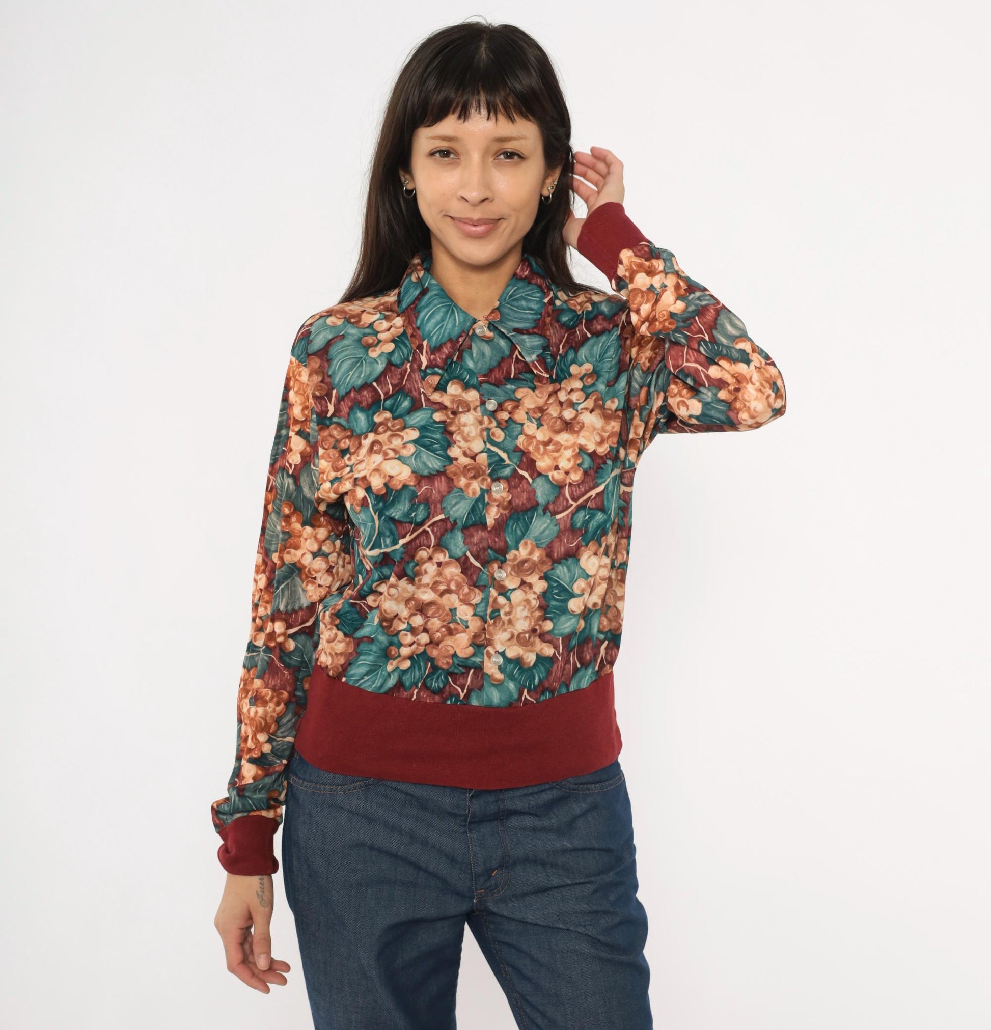 70s Grape Vine Button Blouse Burgundy Teal Pointed Collar Long Sleeve Medium