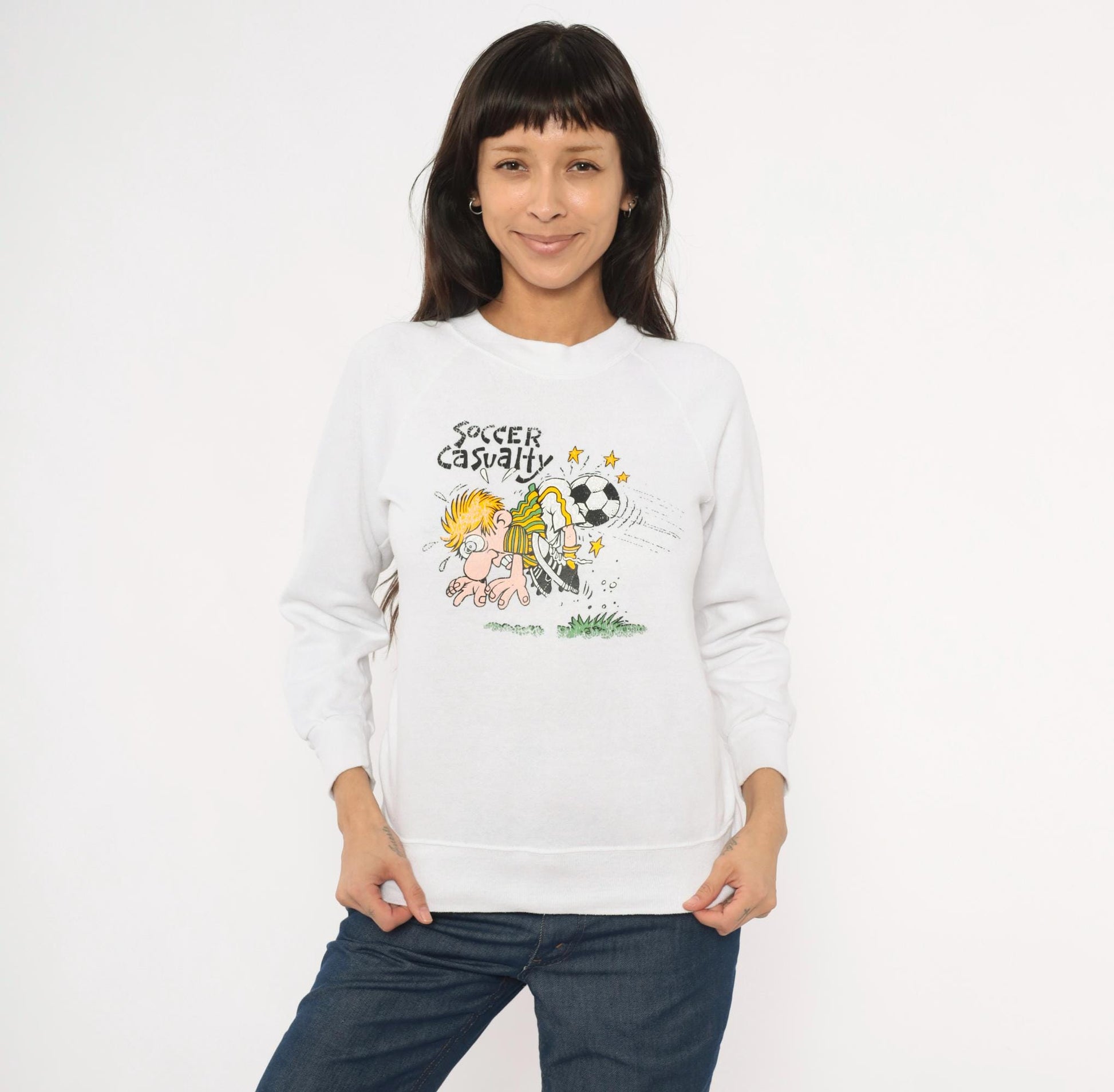 90s Soccer Casualty Cartoon Graphic Raglan Sweatshirt White Cotton Extra Small XS