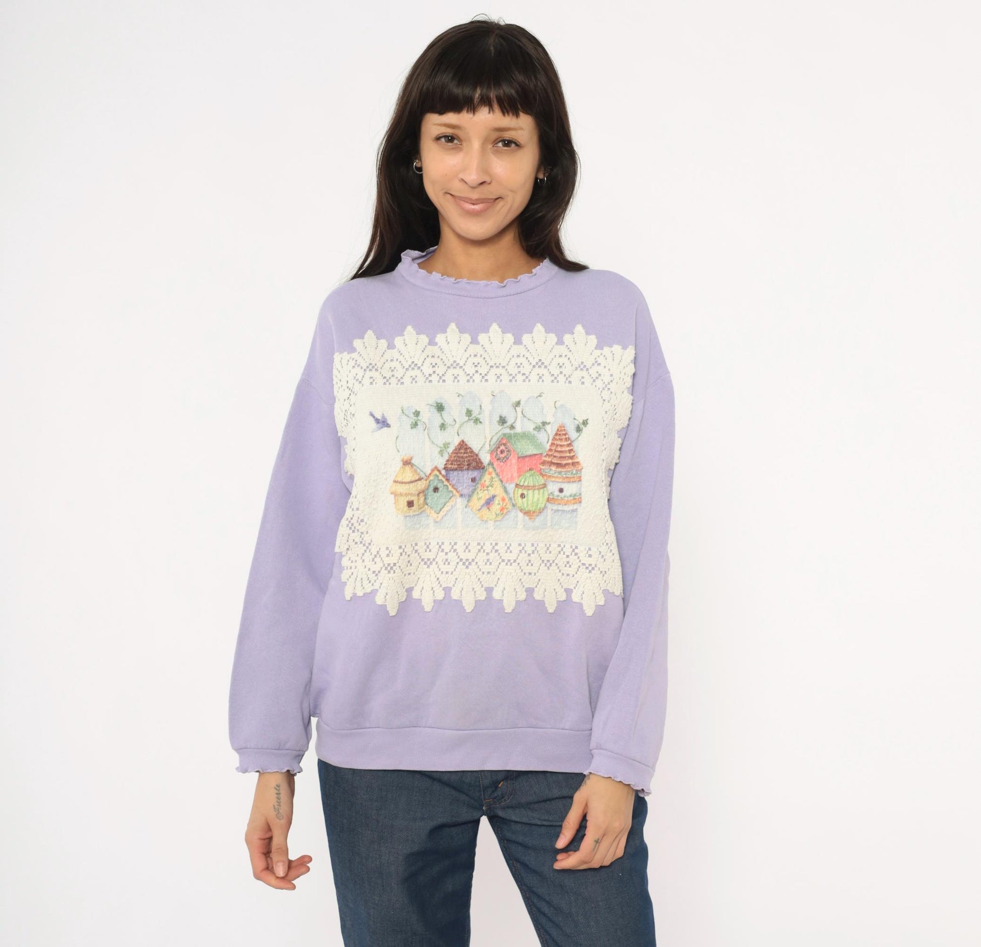 90s Tultex Lavender Birdhouse Applique Sweatshirt Ruffled Crewneck Large L