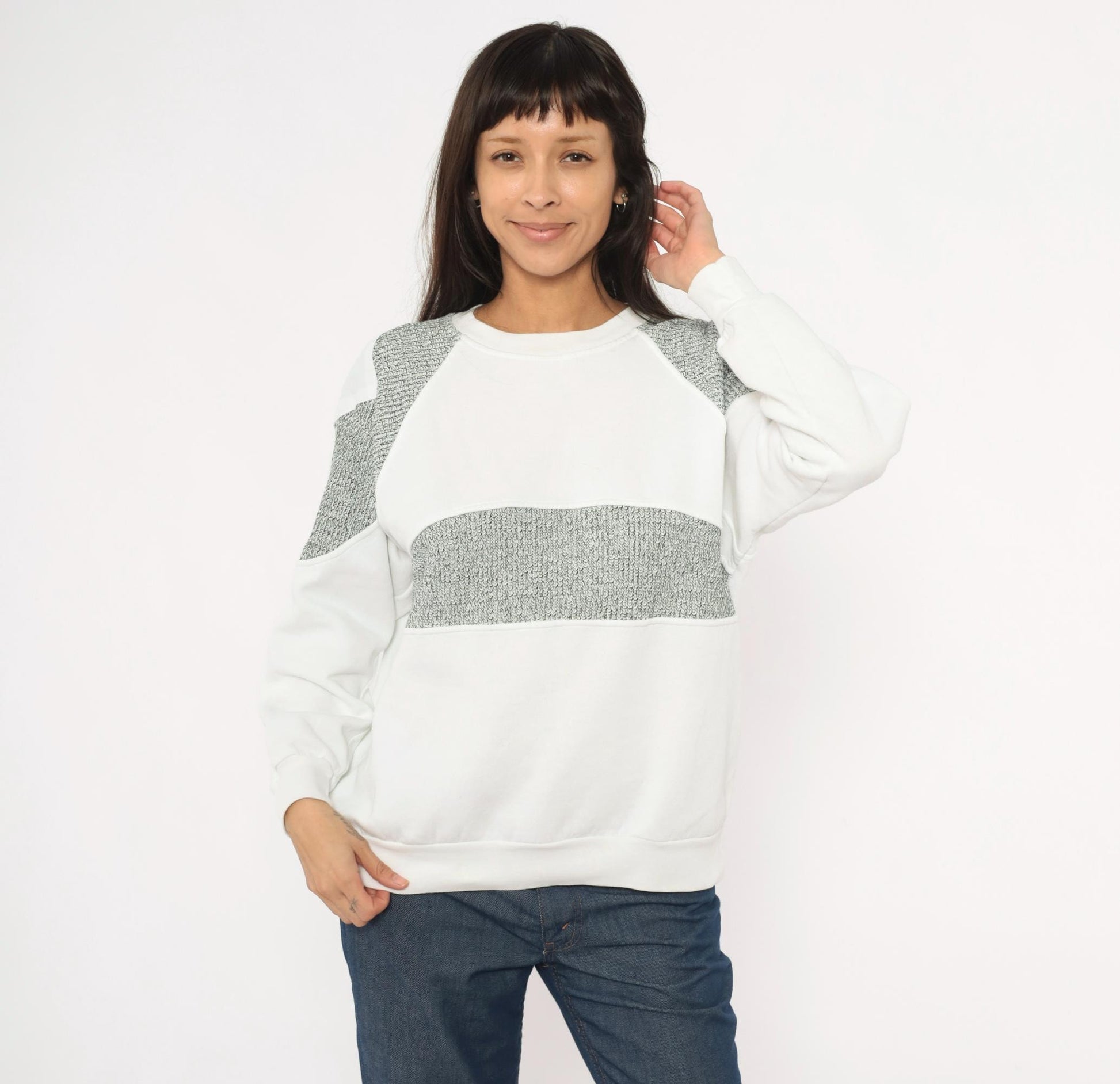 90s Fashion Force Color Block Sweatshirt White Grey Marled Raglan Large L