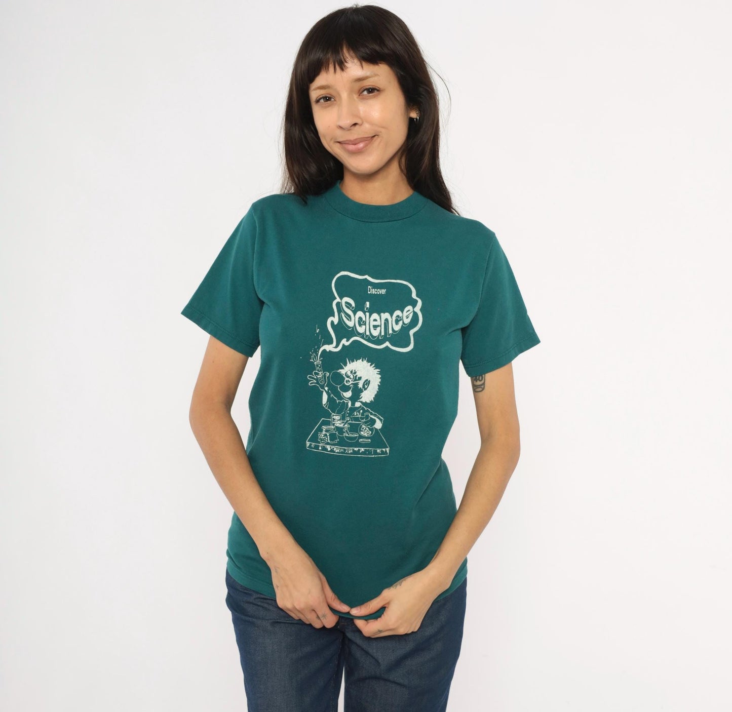 90s Jerzees Mad Scientist Discover Science Graphic Tee Teal Small