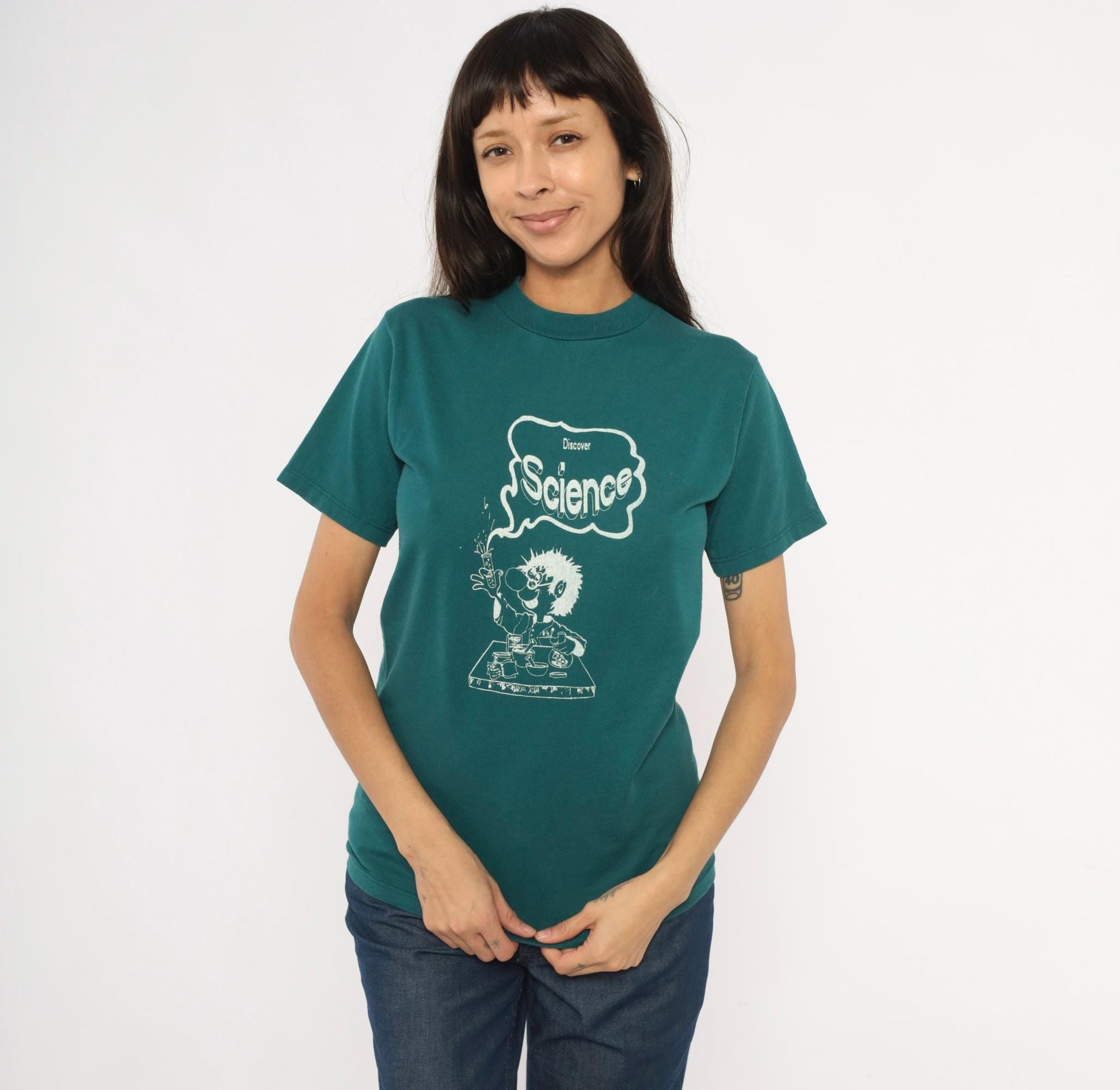 90s Jerzees Mad Scientist Discover Science Graphic Tee Teal Small