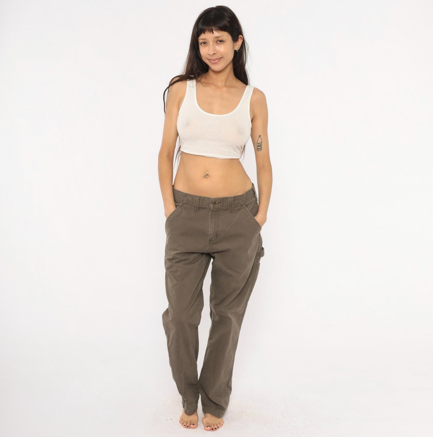 90s Carhartt Carpenter Pants Olive Cotton Straight Leg Workwear 34 x 30