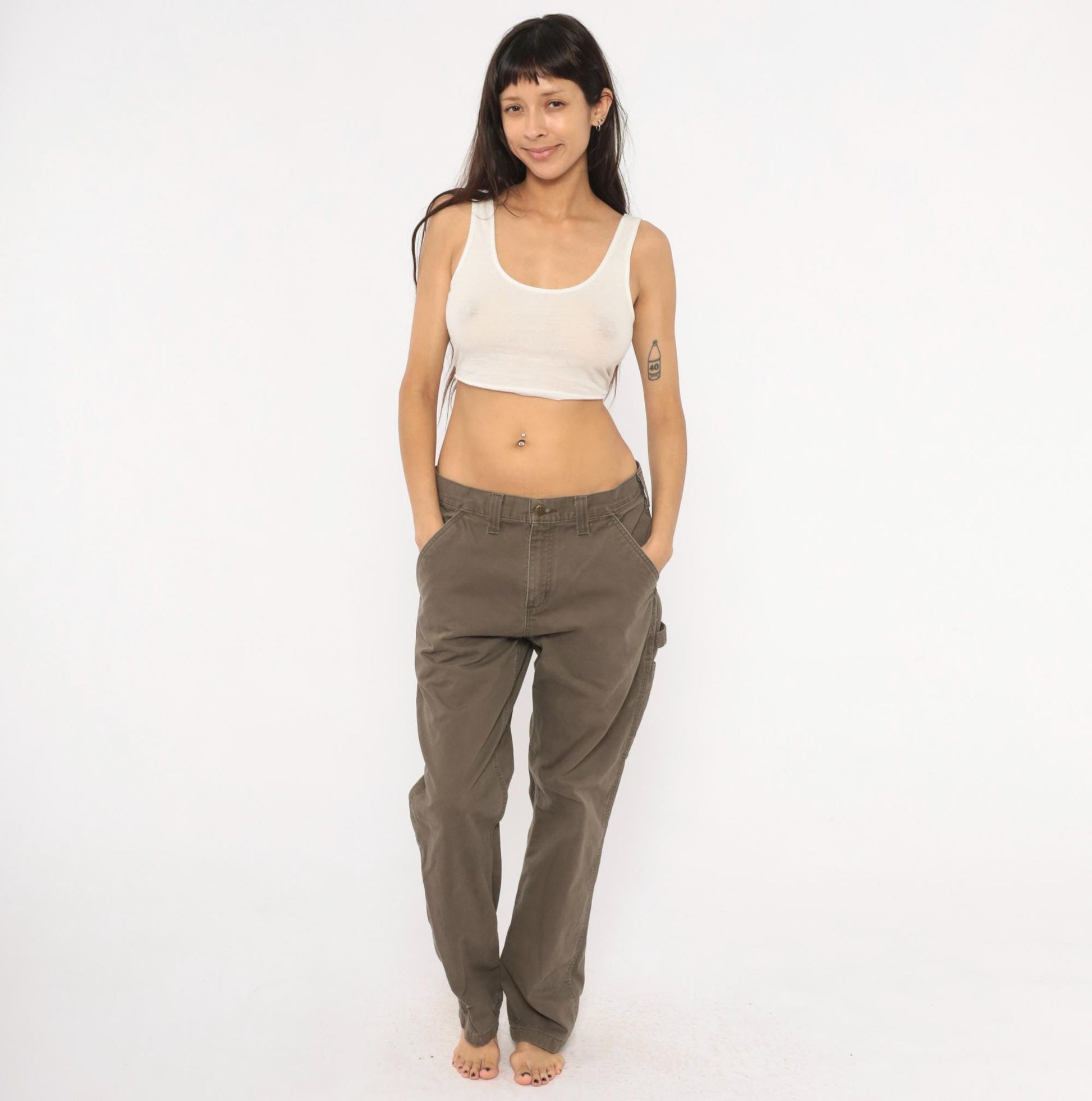 90s Carhartt Carpenter Pants Olive Cotton Straight Leg Workwear 34 x 30