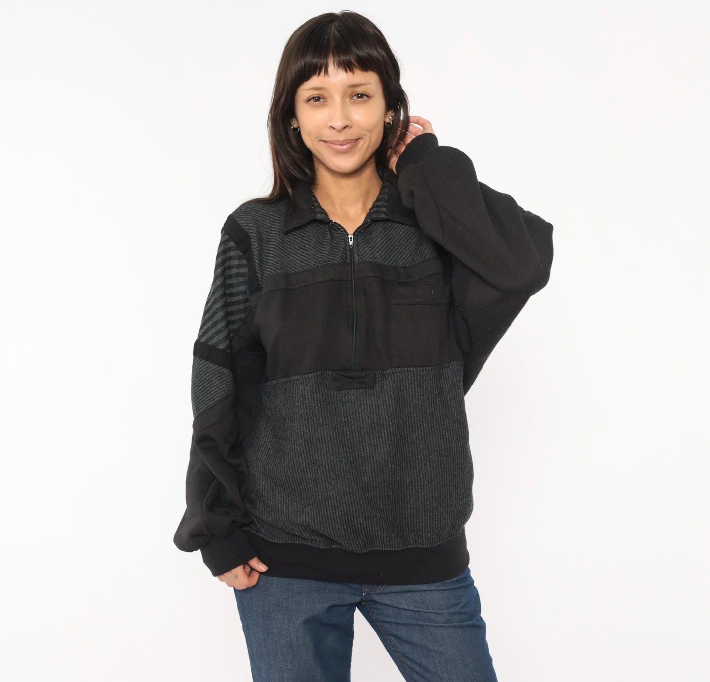 90s Alexxus Half-Zip Pullover Black Grey Patchwork Colorblock Sweatshirt Extra Large