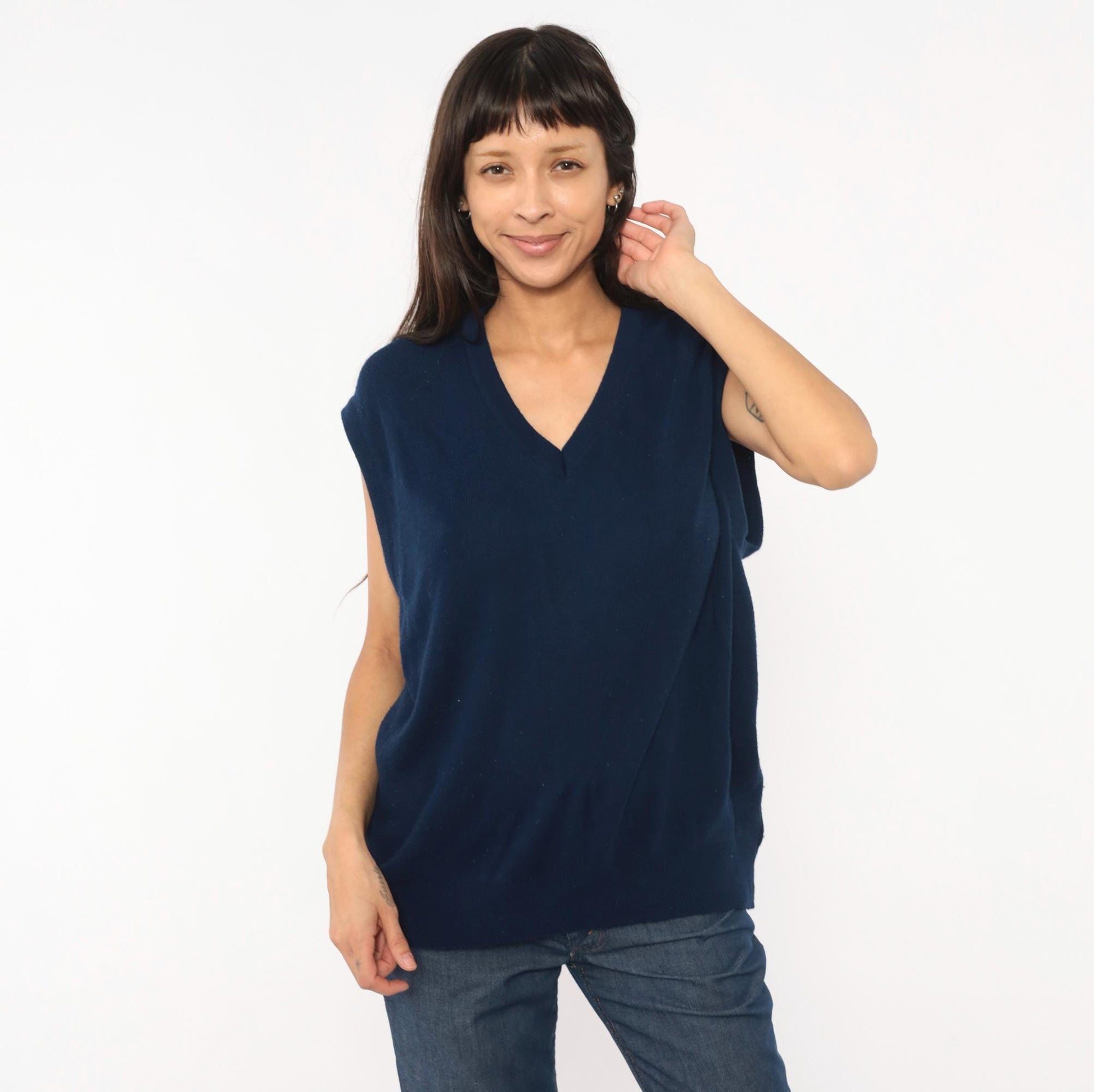 80s Janzen Navy Sweater Vest V-Neck Knit Sleeveless Pullover Extra Large XL