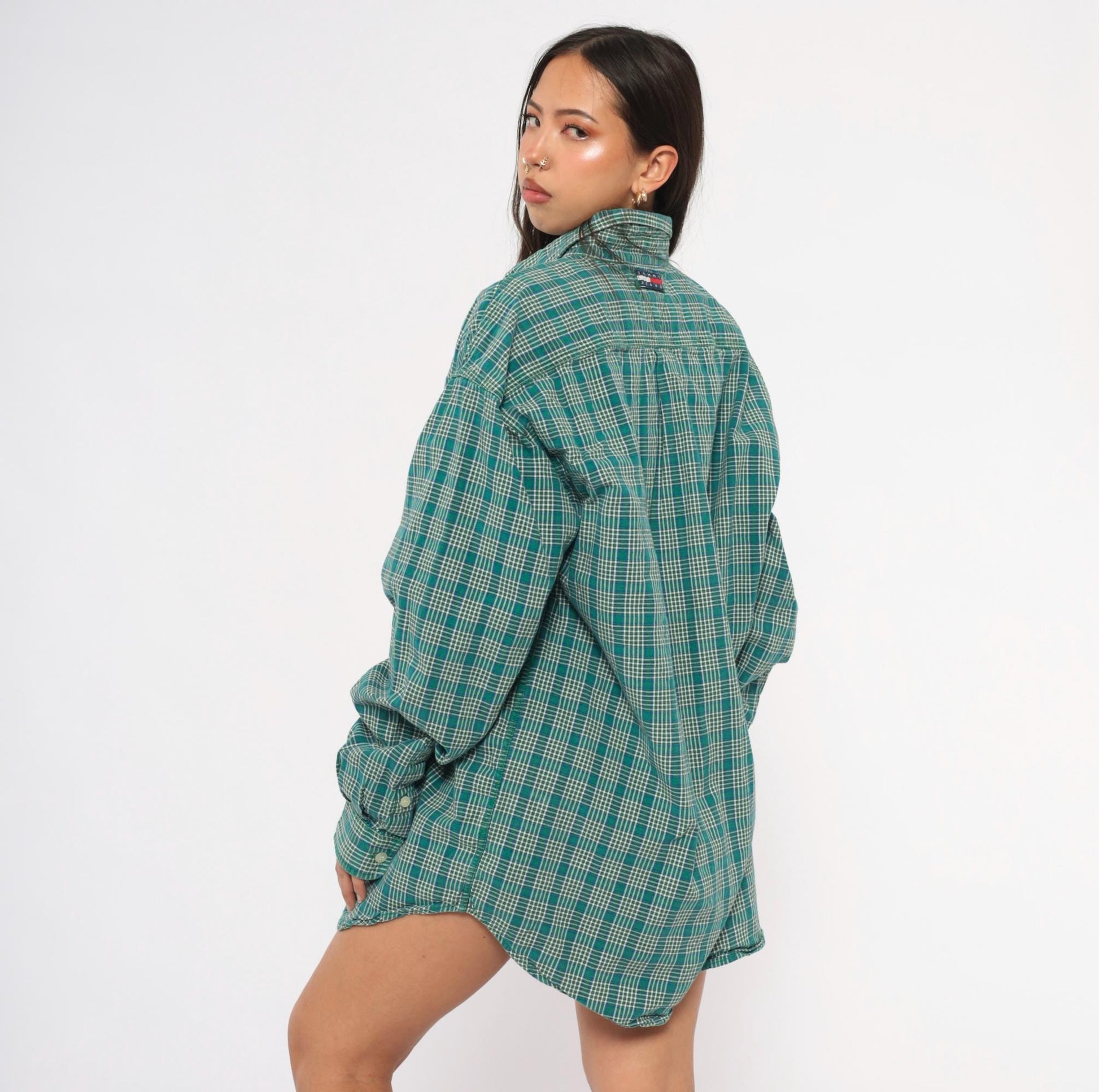 Y2K Tommy Jeans Plaid Flannel Shirt Teal Cotton Button-Up Extra Large