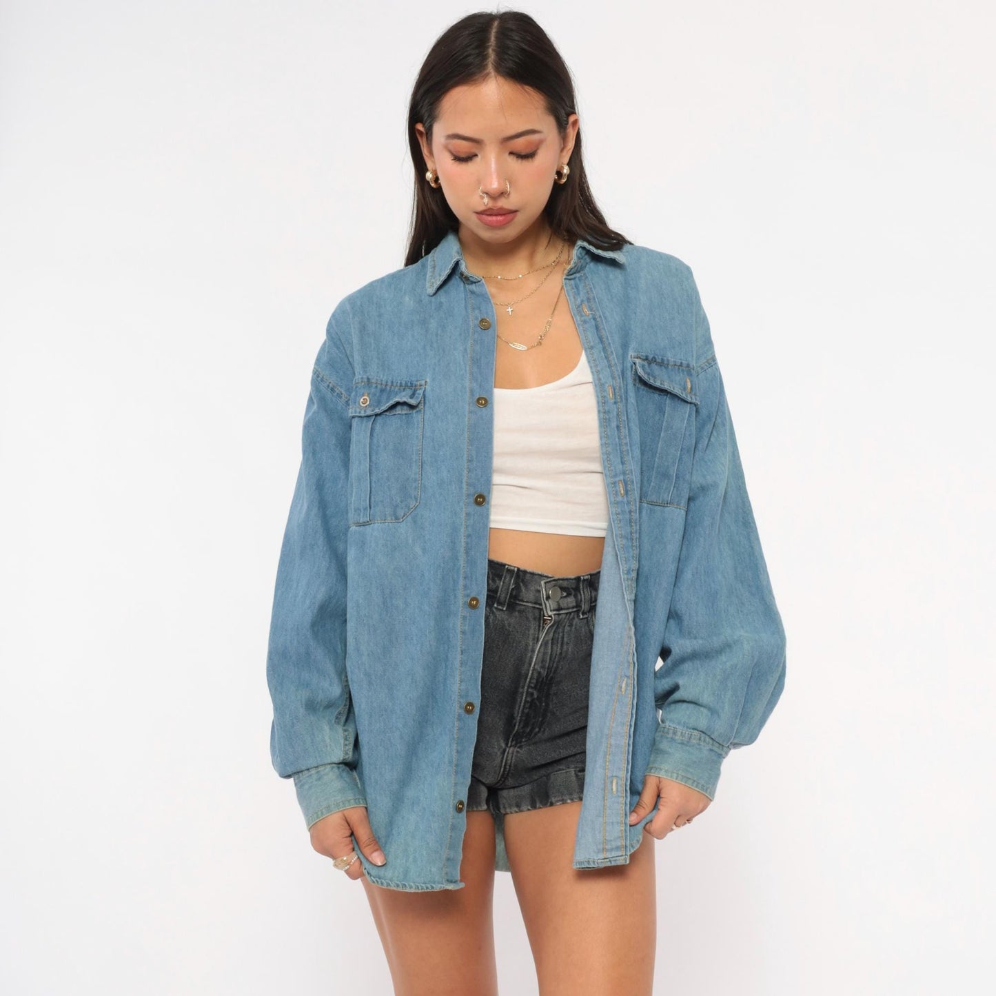 90s Mississippi River Blues Denim Shirt Light Wash Cotton Chambray Medium M