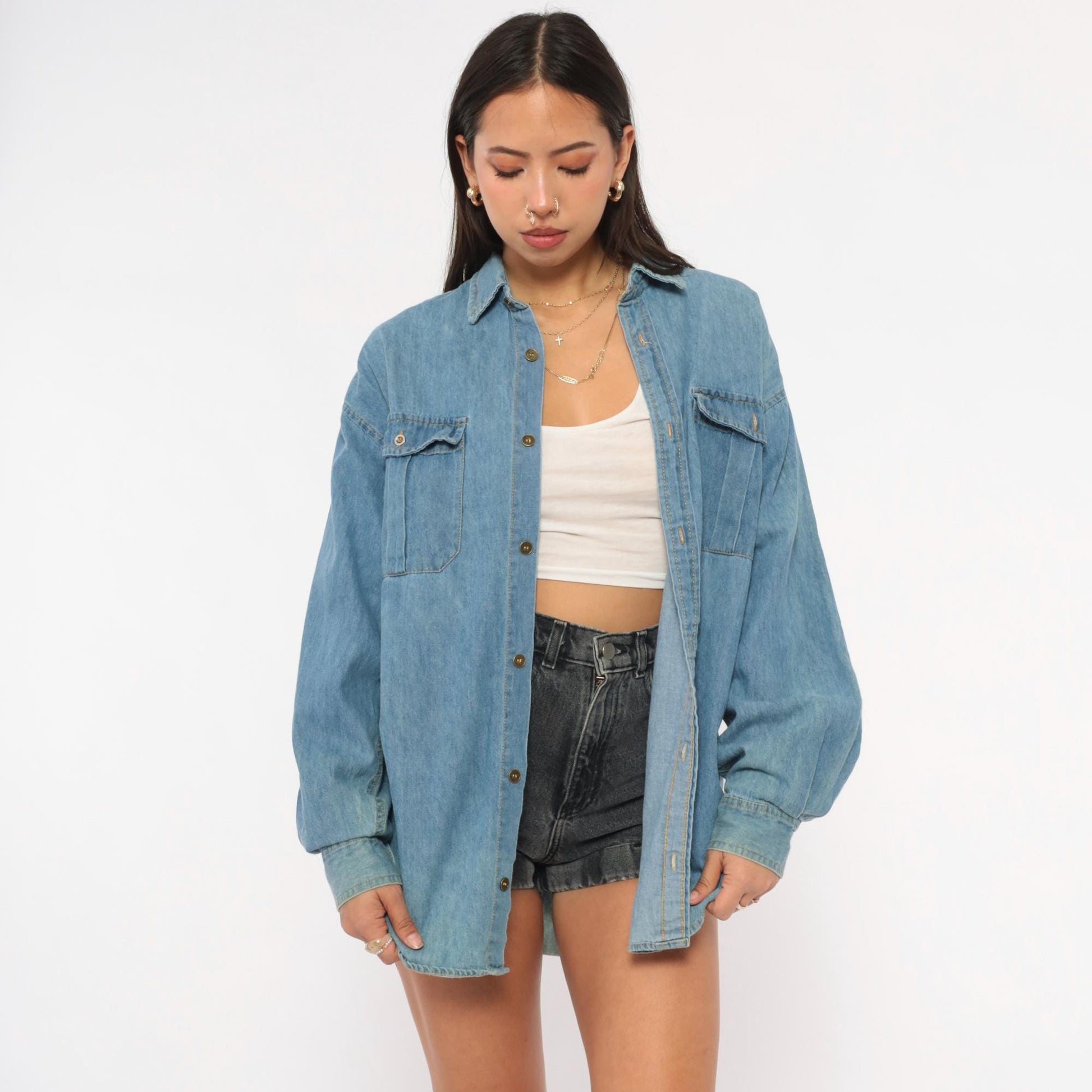 90s Mississippi River Blues Denim Shirt Light Wash Cotton Chambray Medium M