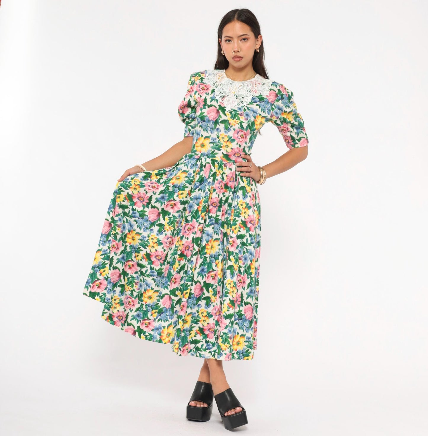 90s Expo Floral Midi Dress Puff Sleeve Lace Collar Cream Multicolor Small