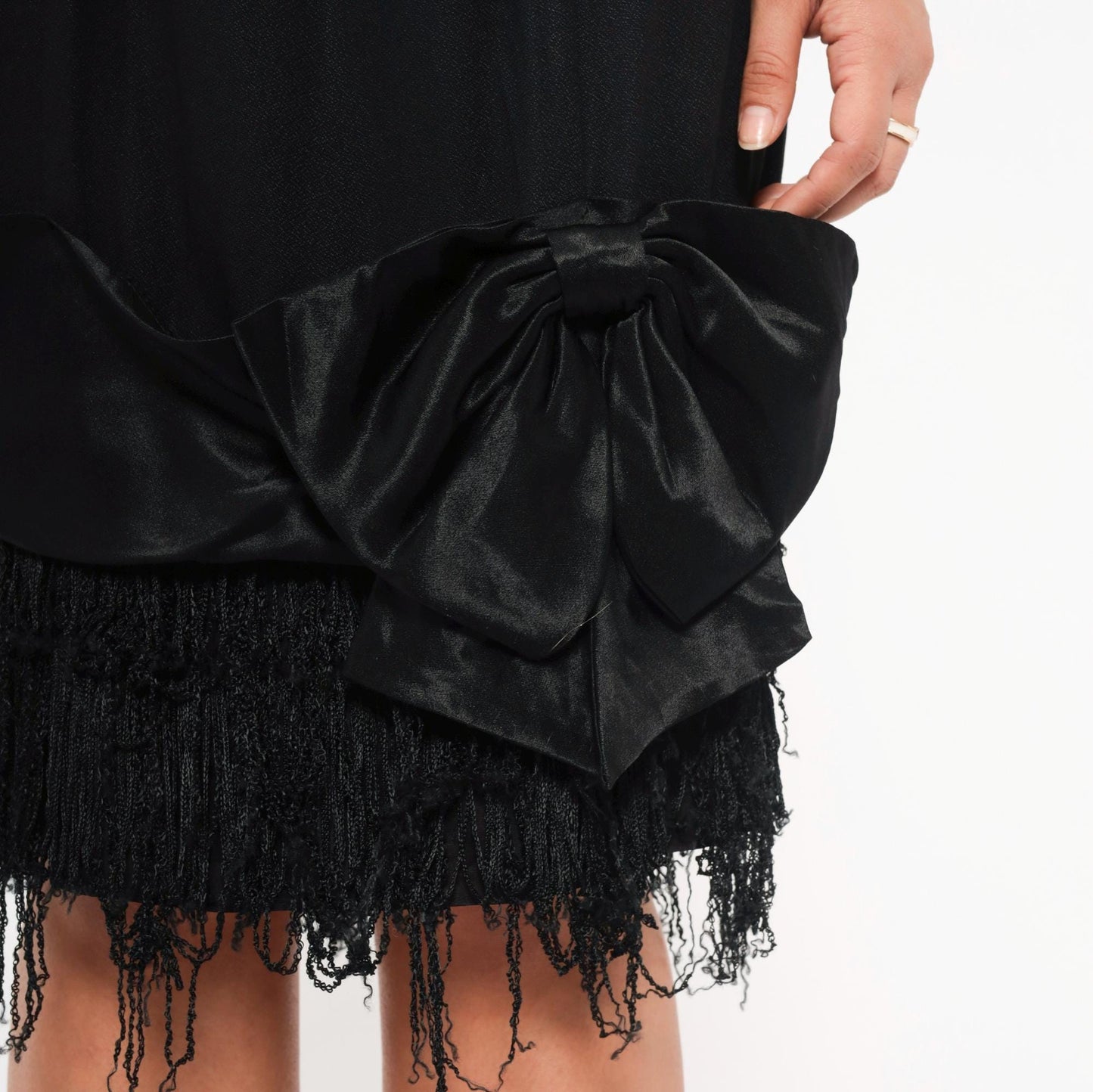 90s Roberta Black Mini Slip Dress Sequin Bustline Fringe Hem Extra Small XS