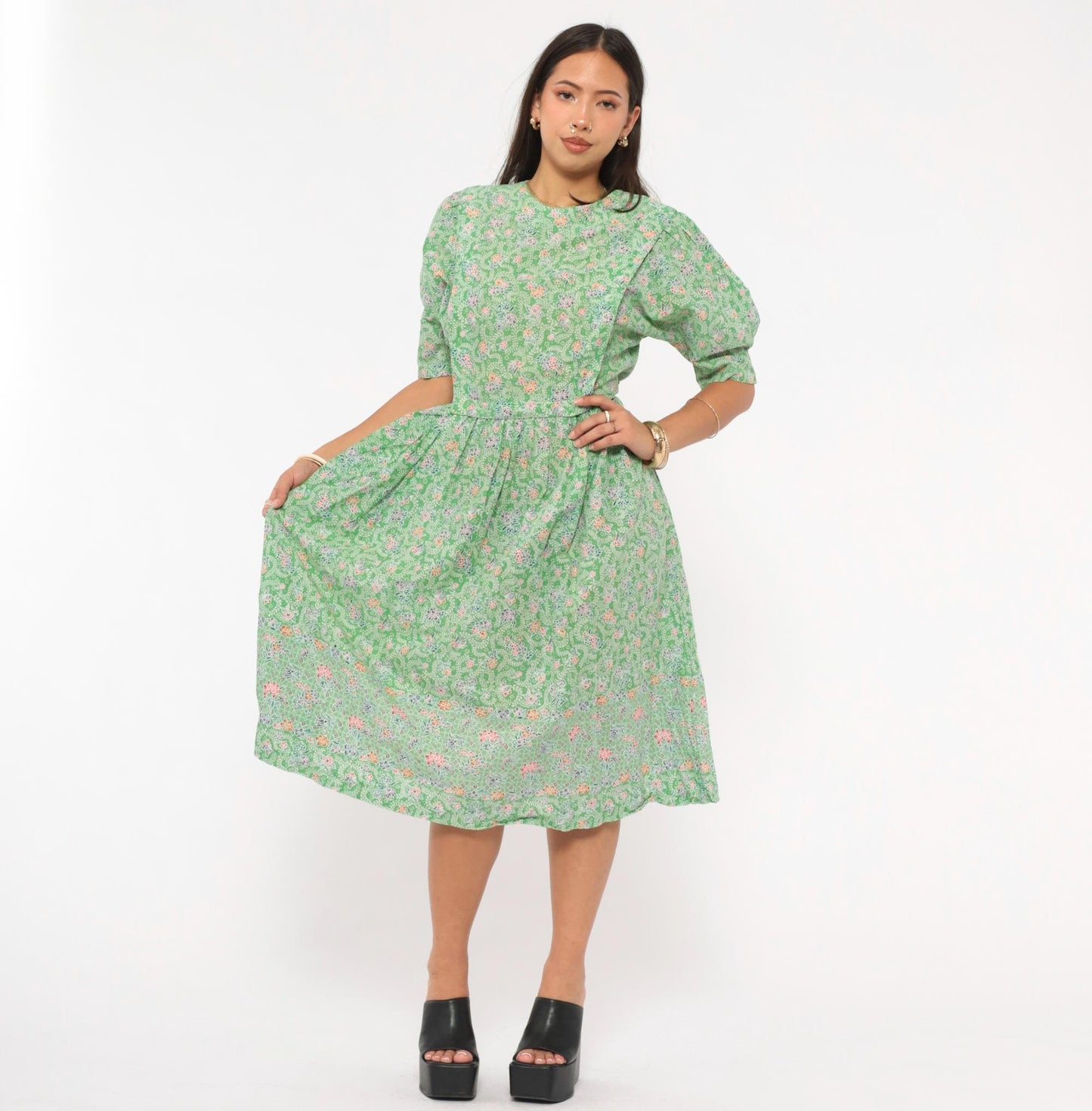 70s Jane Schaffhausen Floral Midi Dress Puff Sleeve Cotton Green Botanical Medium M
