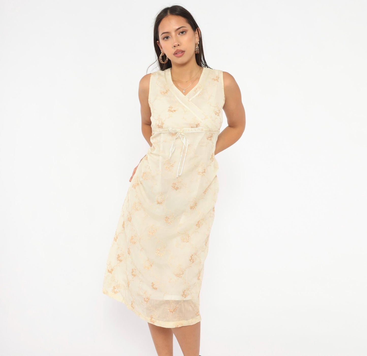 Y2K Nice Mommy Cream Organza Floral Embroidered Dress Gold Vine Knee Length Large L