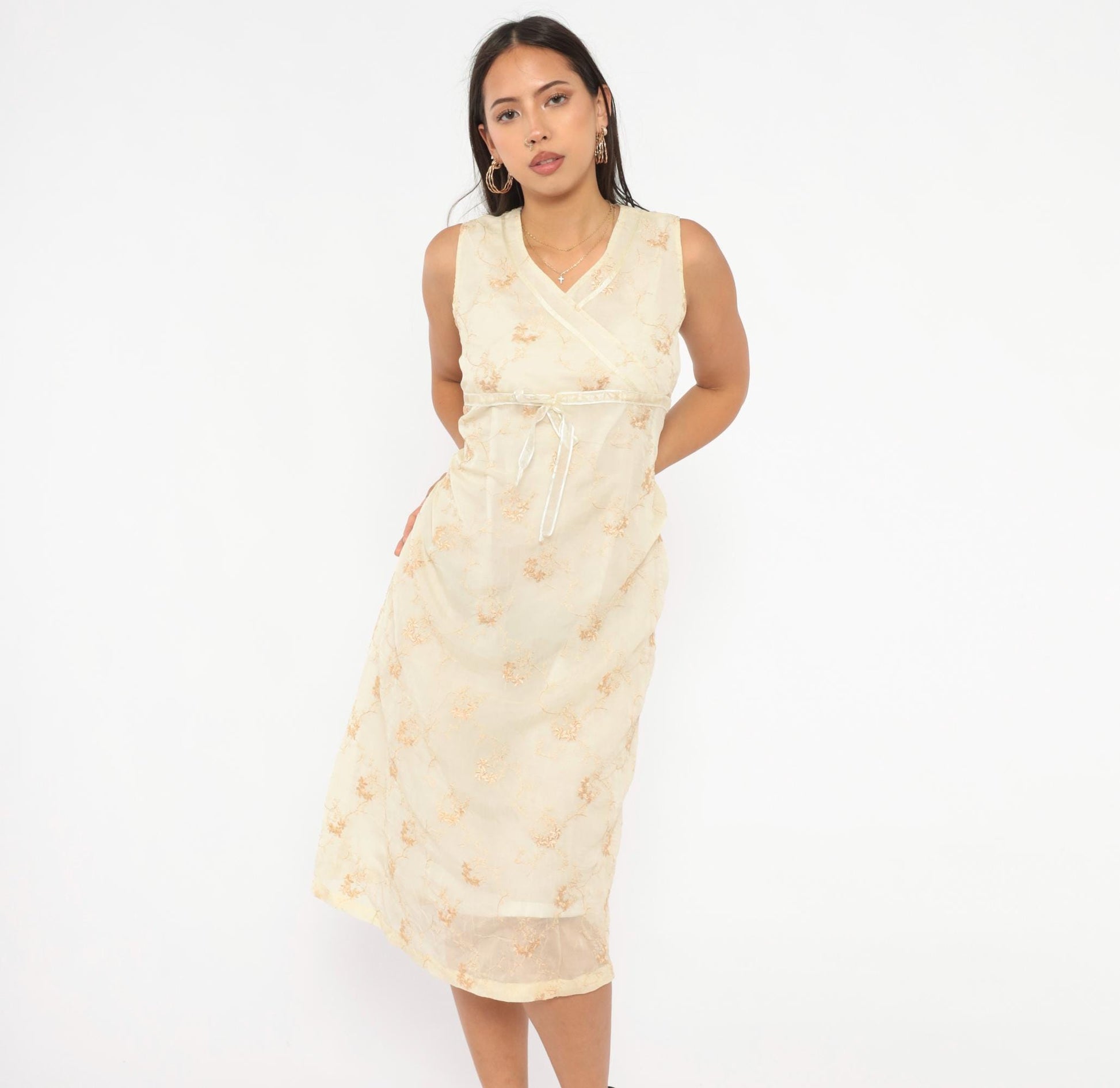 Y2K Nice Mommy Cream Organza Floral Embroidered Dress Gold Vine Knee Length Large L