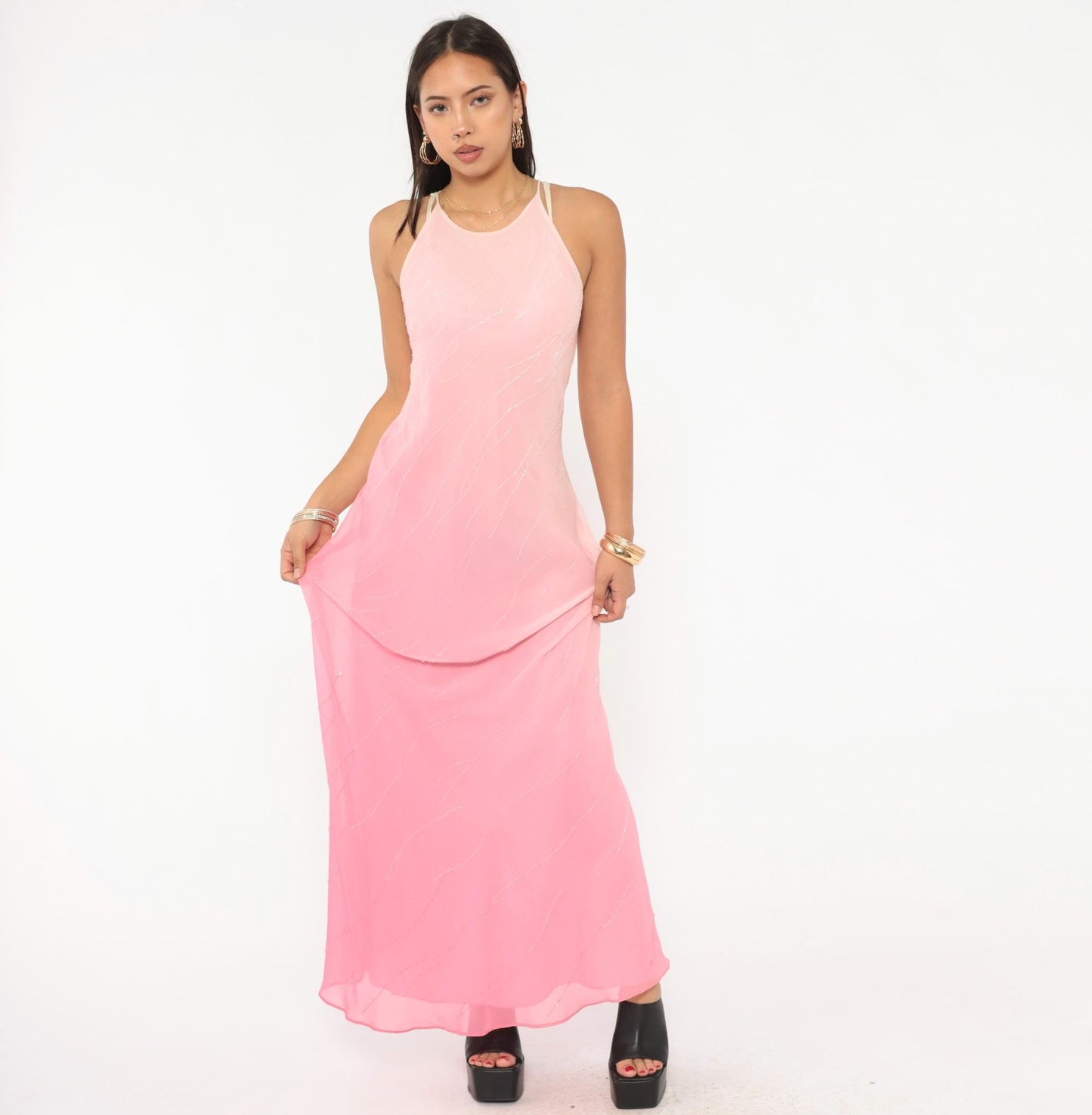 2000s Pink Ombre Beaded Maxi Gown Halter Chiffon Chelsea Nites Small
