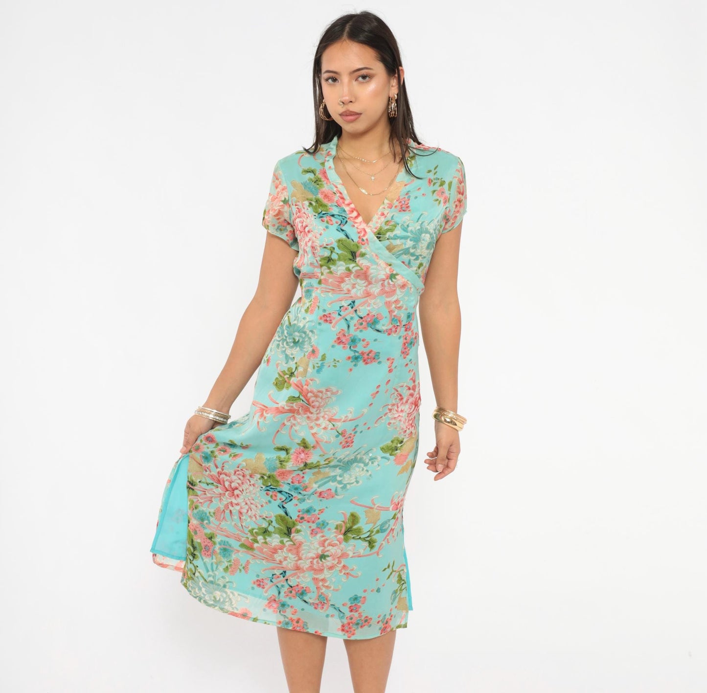 2000s Charlotte Russe Chrysanthemum Floral Midi Dress V-Neck Cap Sleeve Teal Medium M