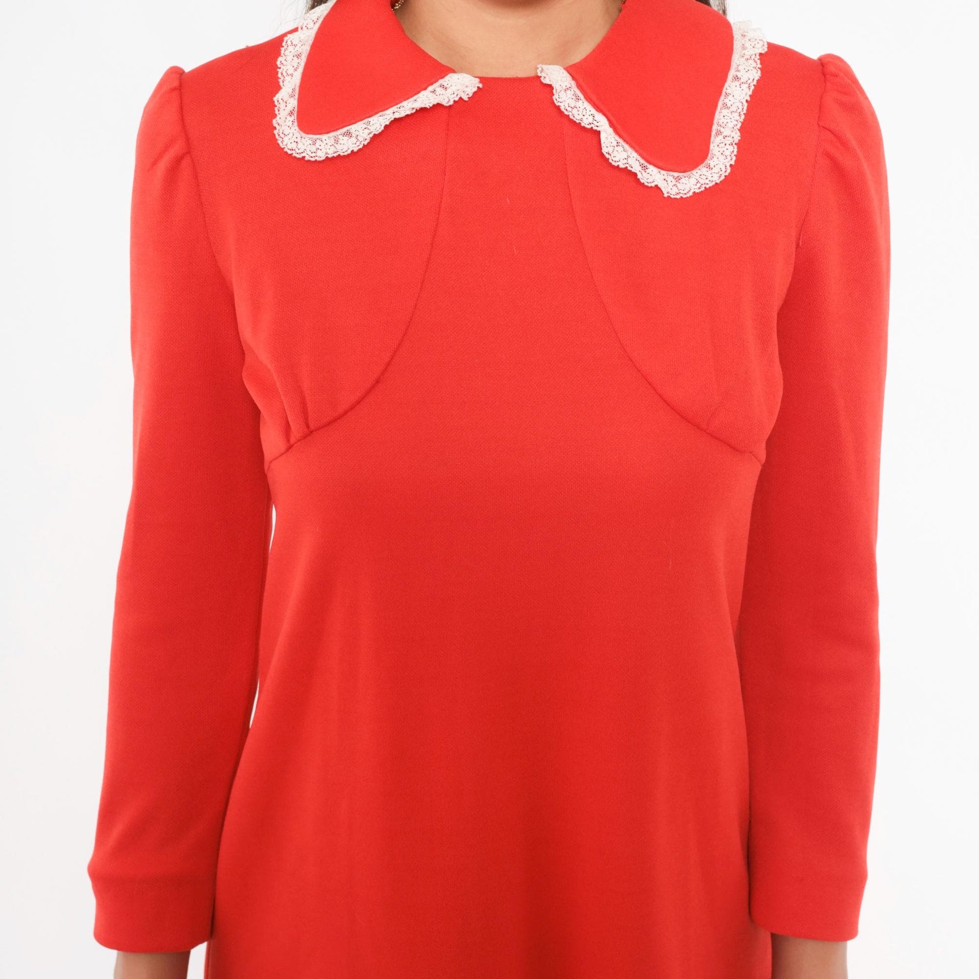 70s Red Mini Dress Peter Pan Collar Puff Sleeve Empire Waist Medium
