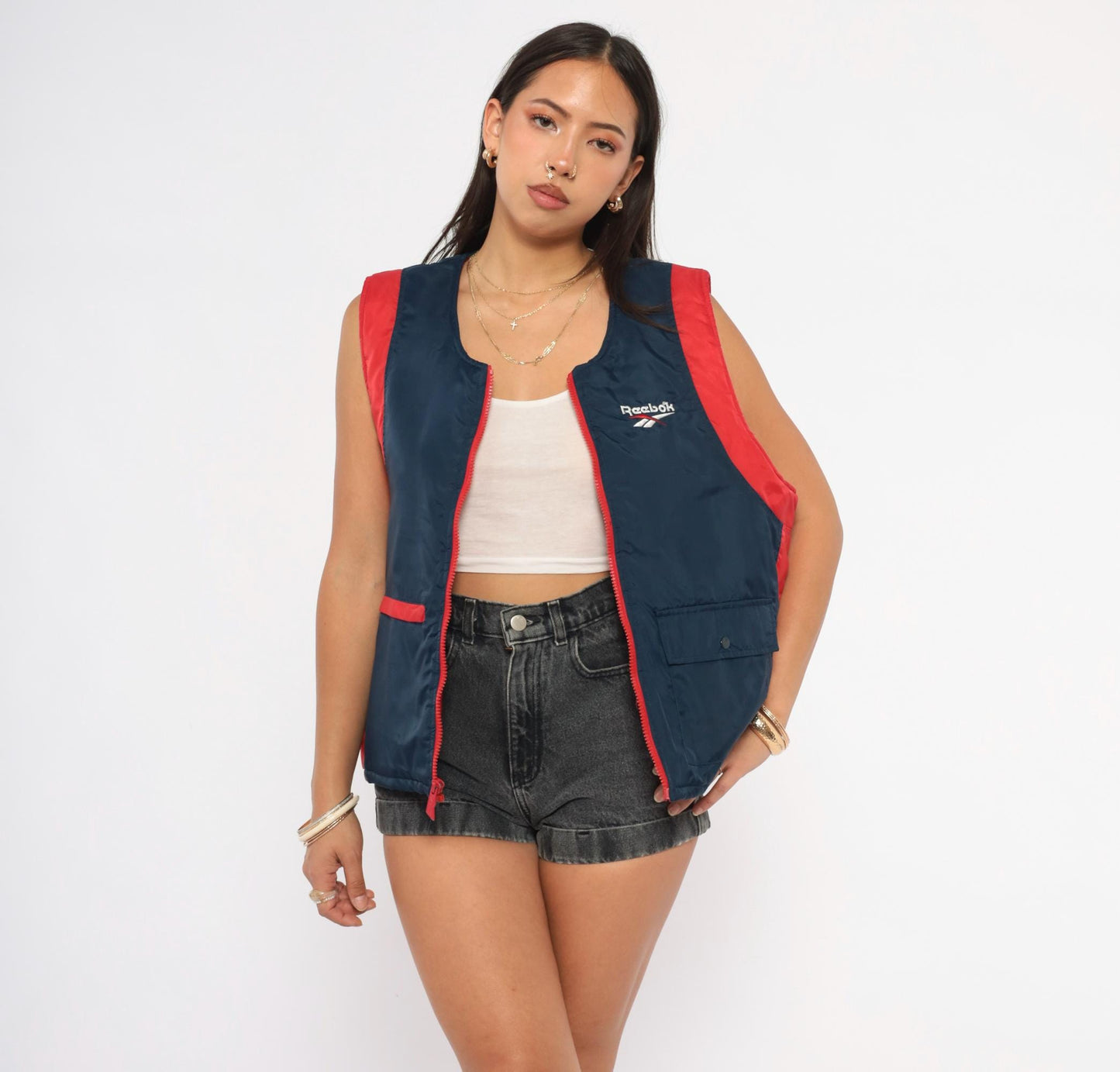 90s Reebok Colorblock Puffer Vest Navy Red Embroidered Logo Large L