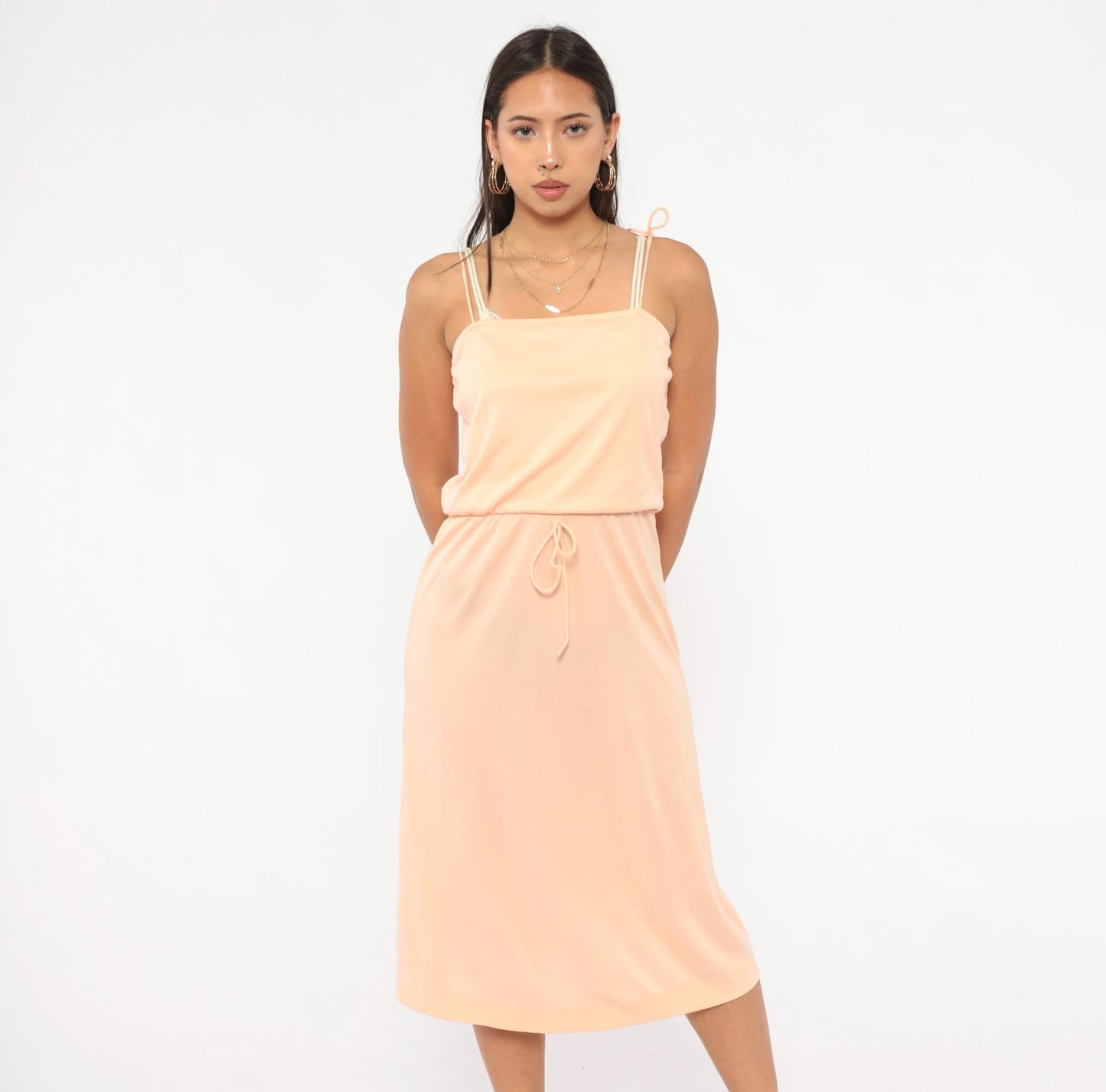 70s Peach Spaghetti Strap Midi Dress Tie Waist Blouson Bodice Small