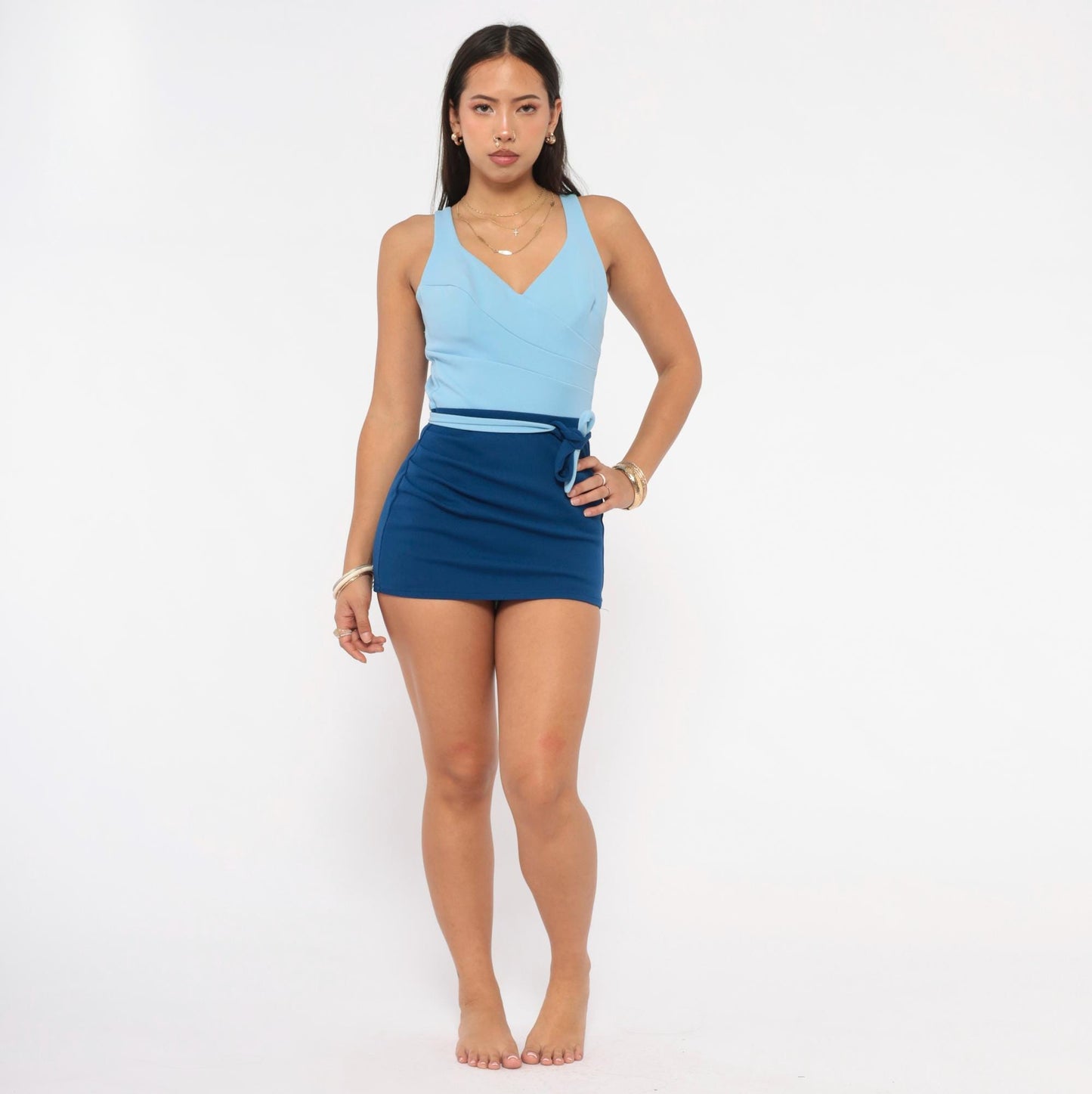 70s Oleg Cassini Peter Pan Swimsuit Sky Blue Navy Colorblock Wrap Playsuit Medium M