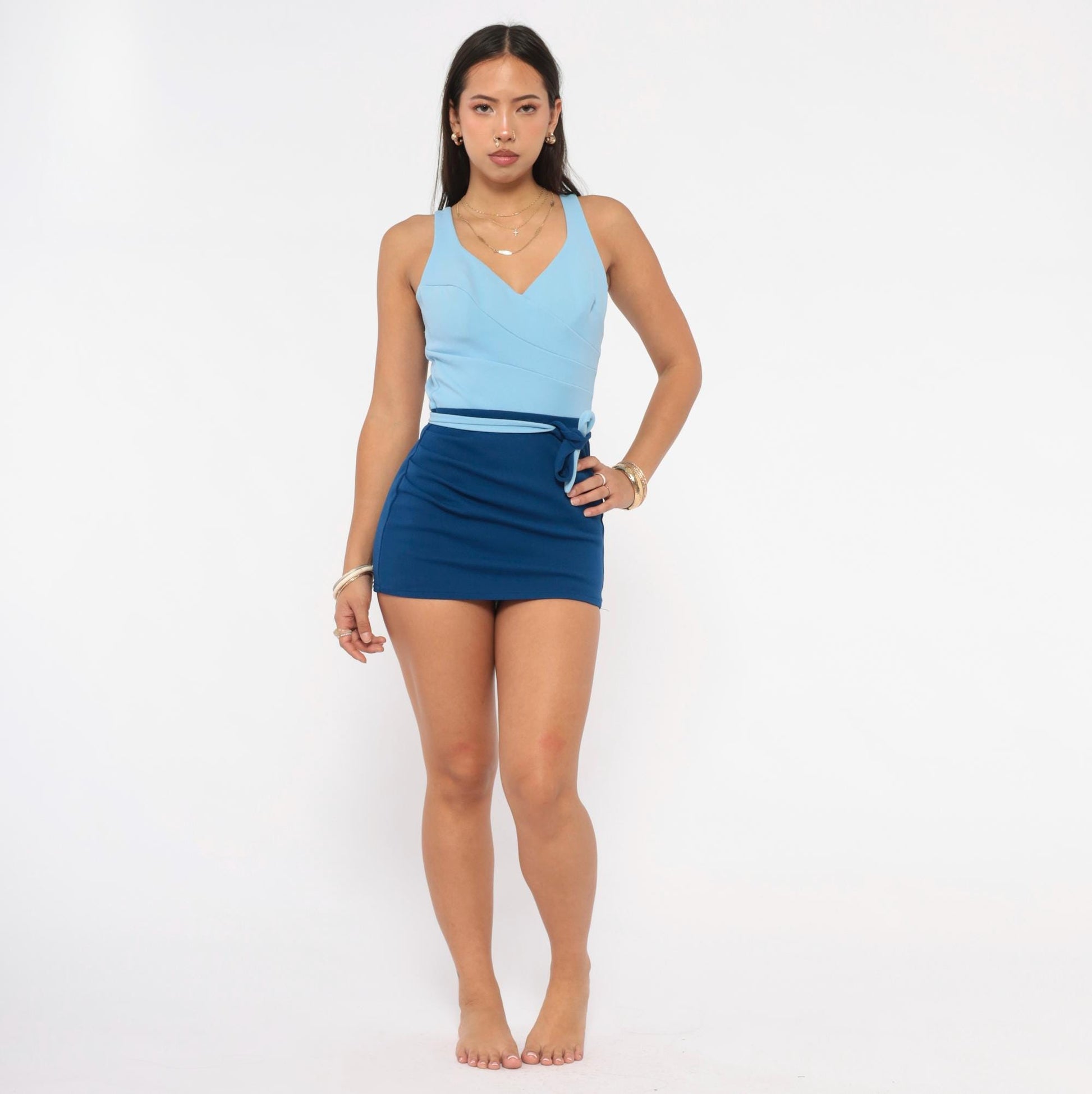 70s Oleg Cassini Peter Pan Swimsuit Sky Blue Navy Colorblock Wrap Playsuit Medium M