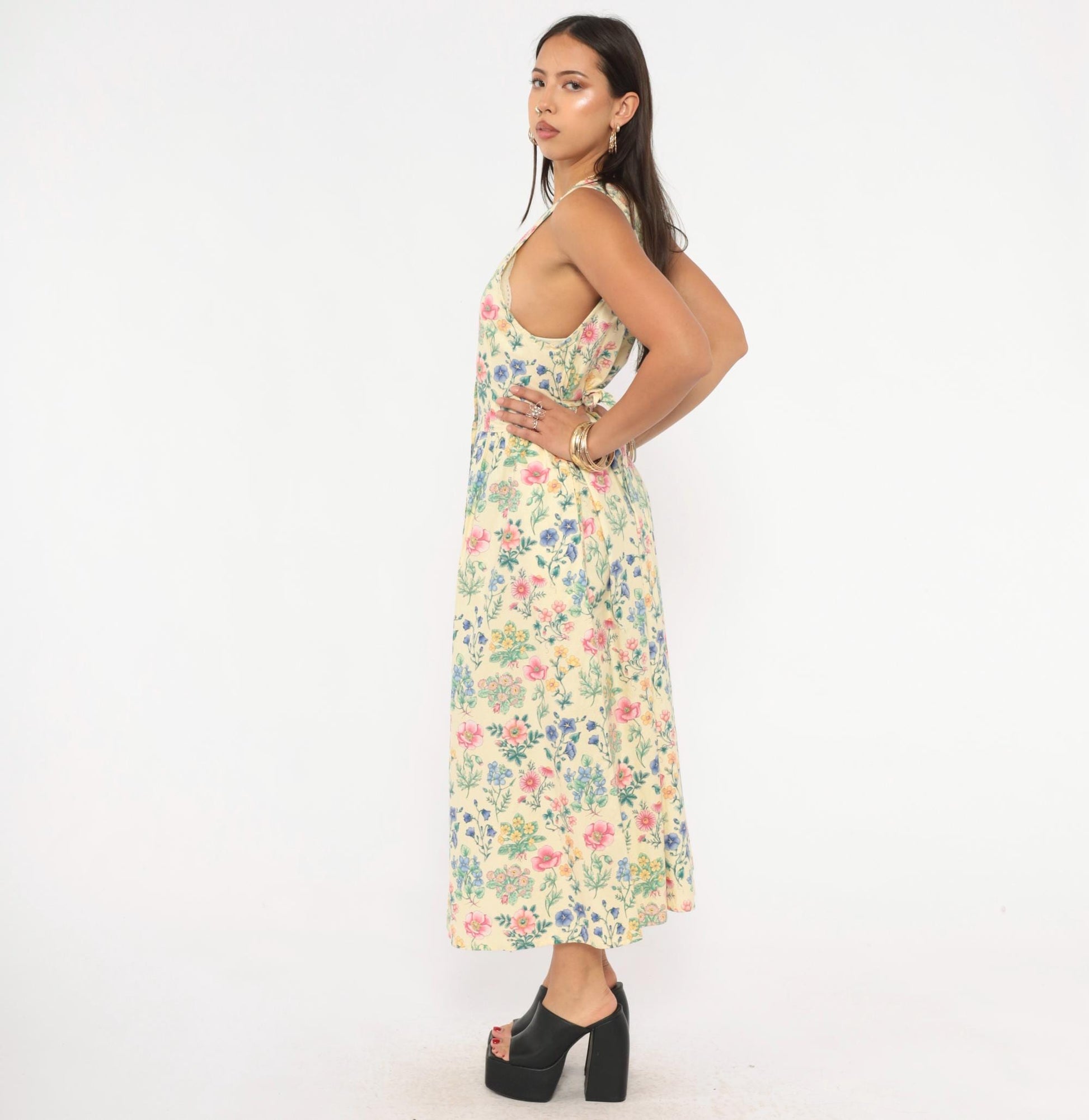 90s Faith Mountain Company Botanical Midi Dress Butter Yellow Floral V-Neck Small