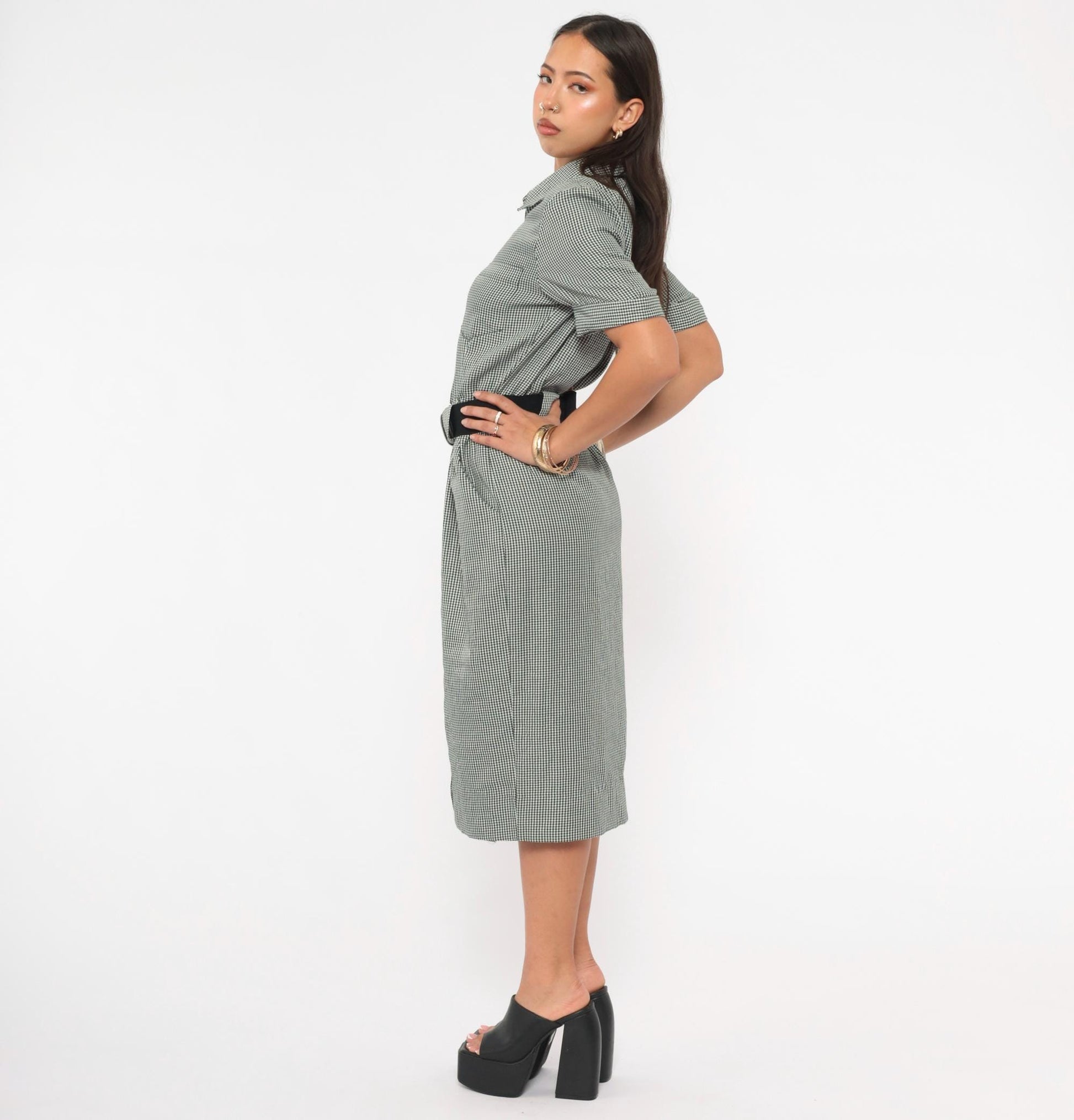90s Black White Houndstooth Shirt Dress Midi Belted Pencil Skirt Small