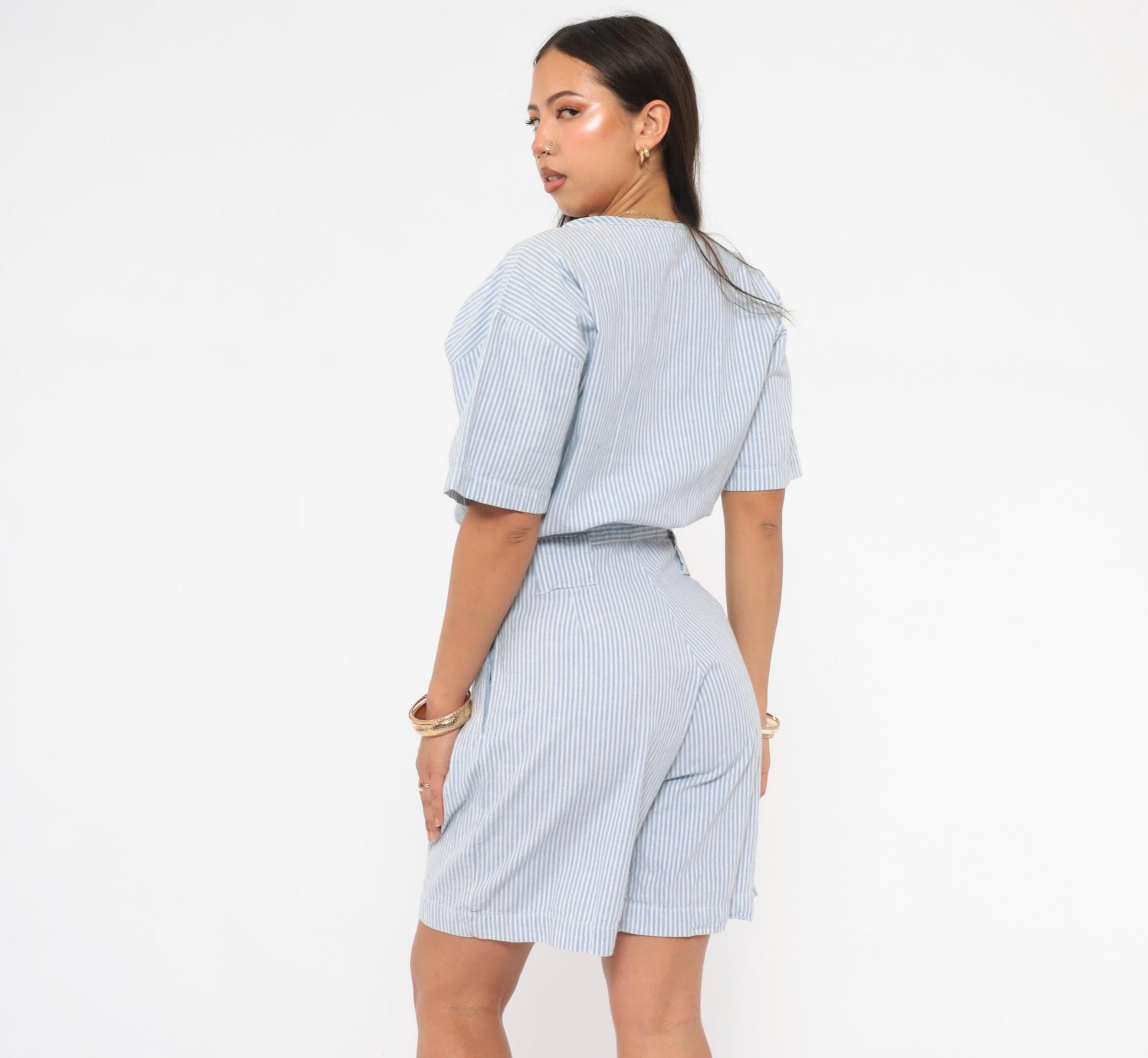 80s FADS Blue White Pinstripe Cotton Romper Pleated High-Rise Small S