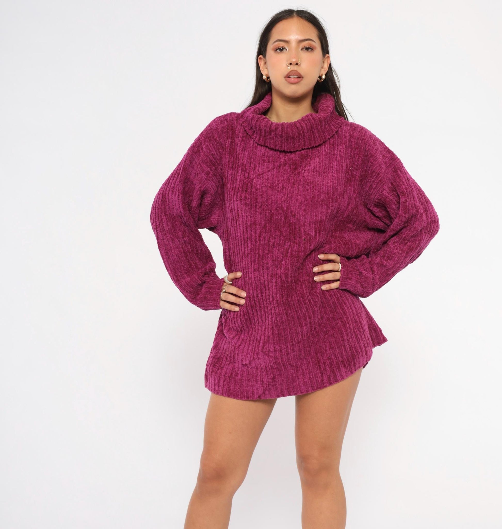 80s Knitwear Magenta Chenille Turtleneck Ribbed Knit Sweater Large L