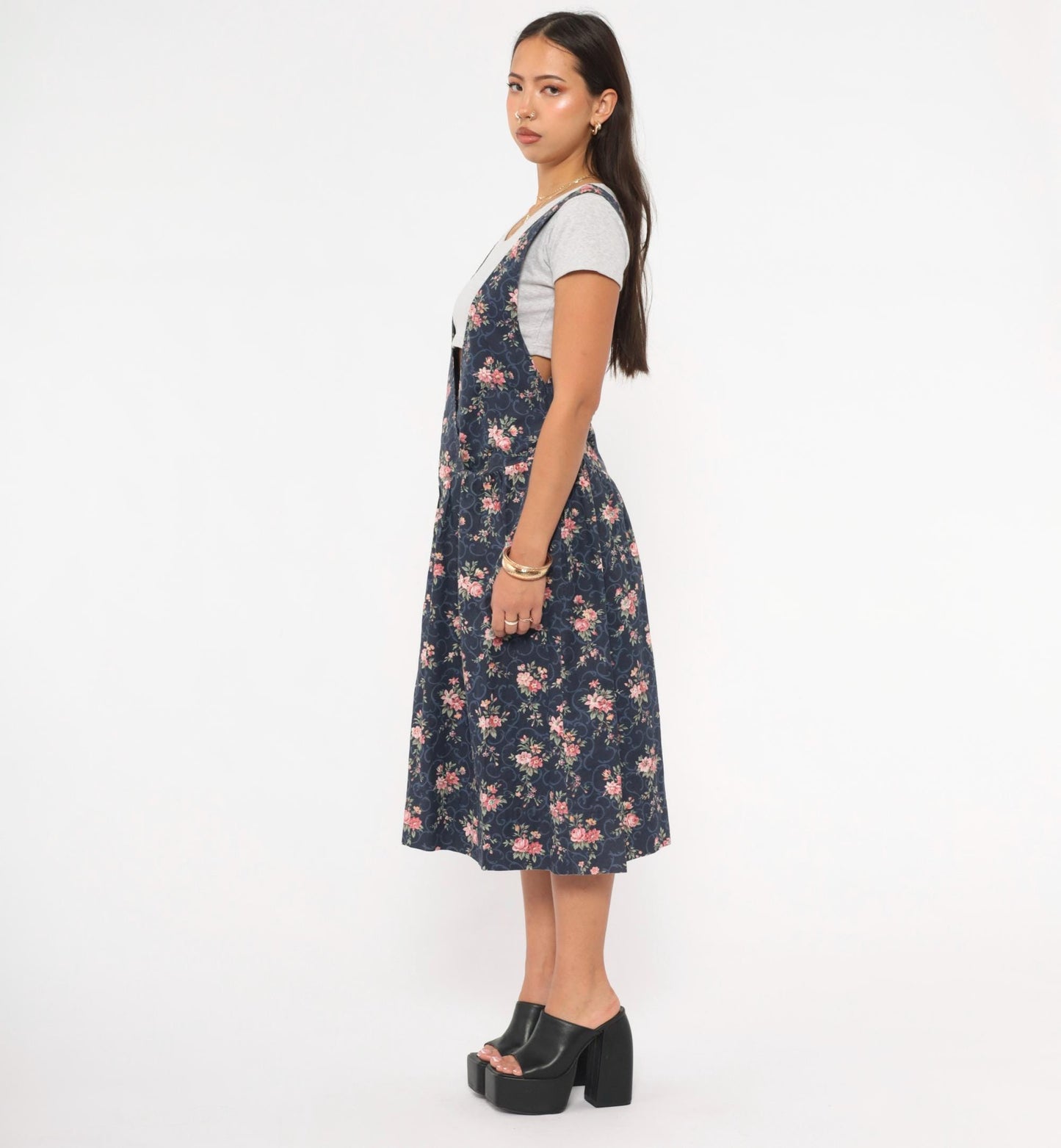 90s Navy Floral Pinafore Dress Pink Rose Print Mid-Calf Gathered Jumper XS