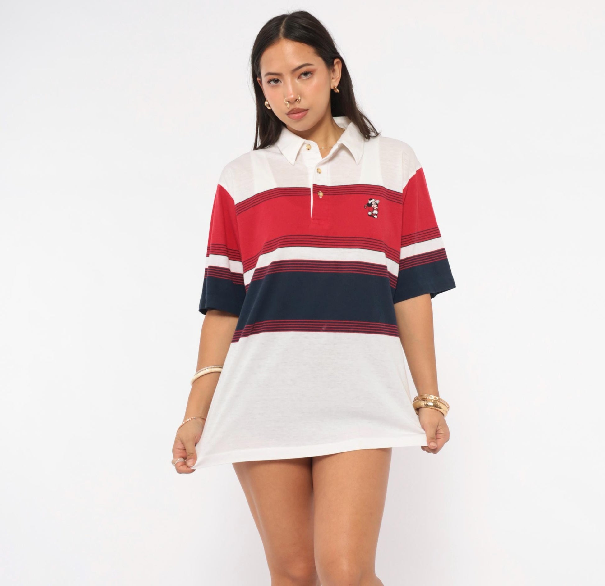 90s Aureus Mickey Mouse Polo Shirt Red Navy Striped Embroidered Medium