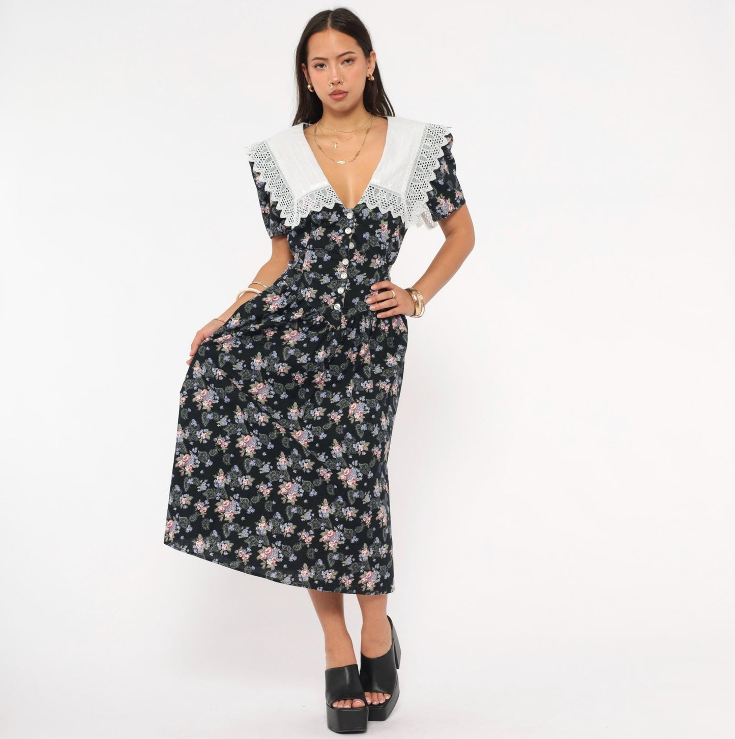 80s Eber Navy Floral Midi Dress Lace Collar Cotton Paisley Medium M