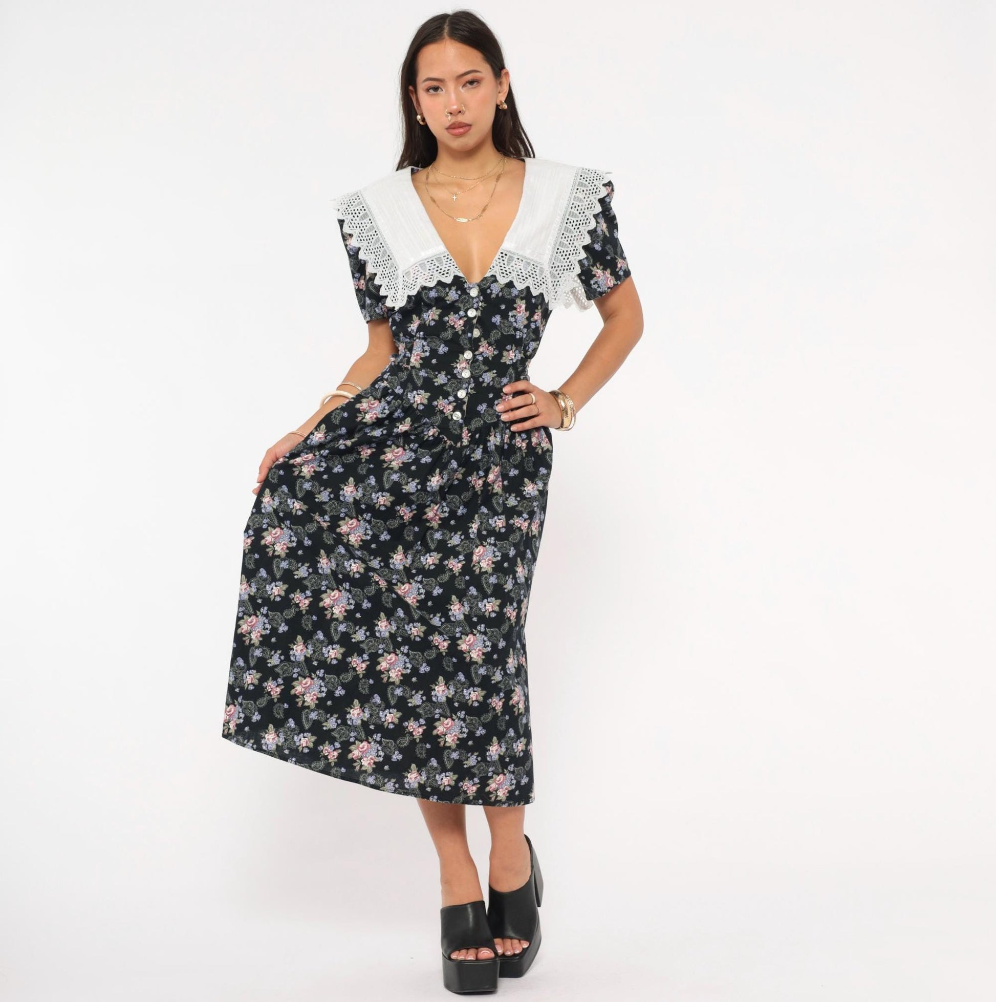 80s Eber Navy Floral Midi Dress Lace Collar Cotton Paisley Medium M