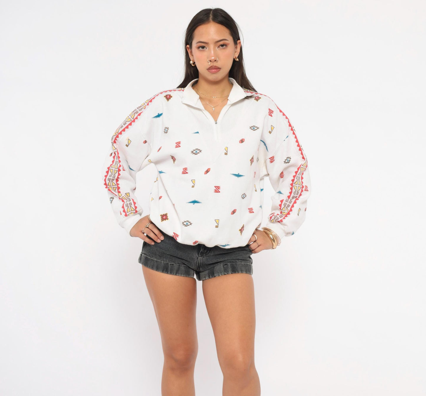 90s Steppingstones Southwestern Quarter-Zip Pullover White Thunderbird Large L