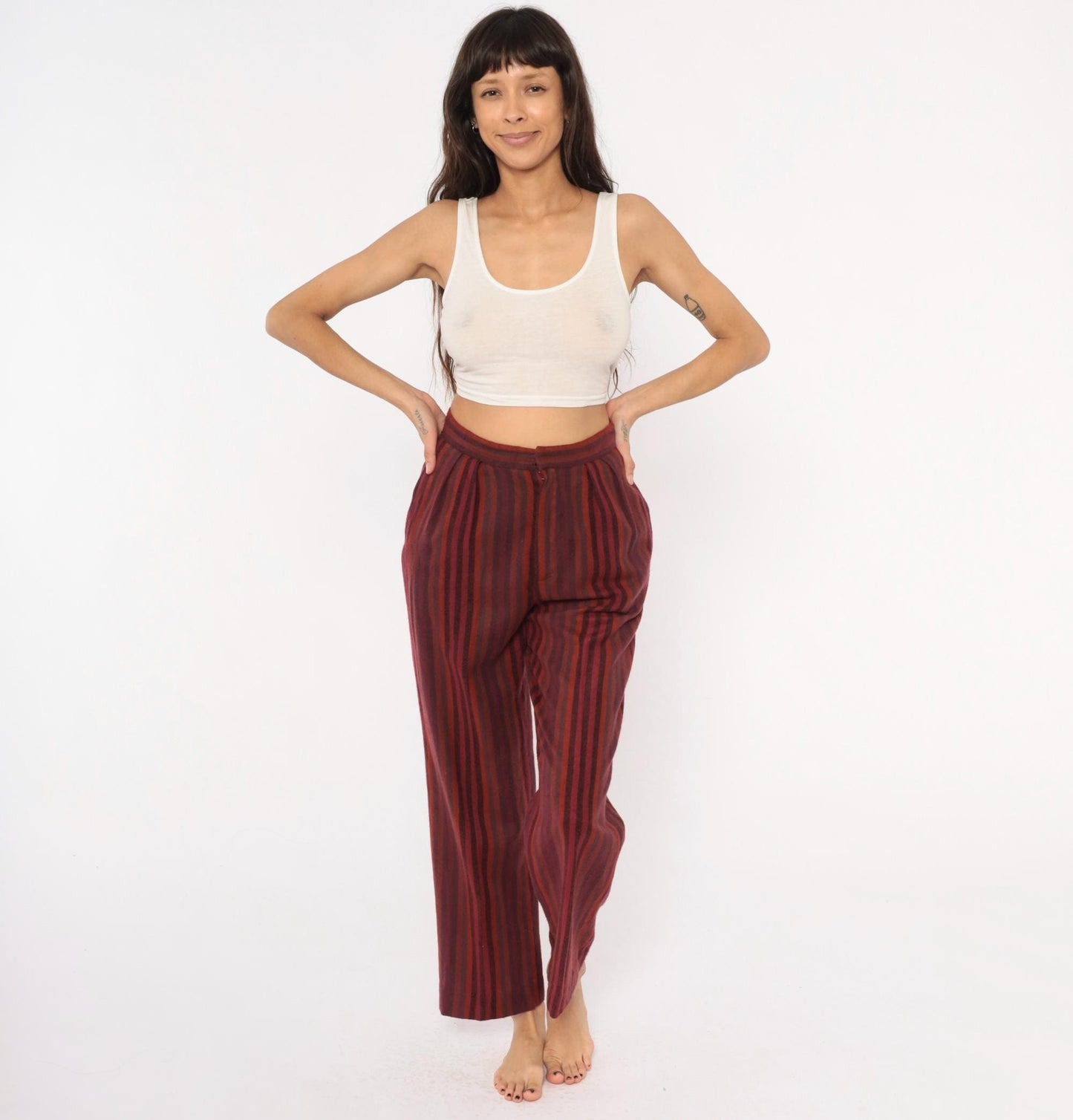 70s Burgundy Striped High Waist Tapered Trousers Pleated Front Small