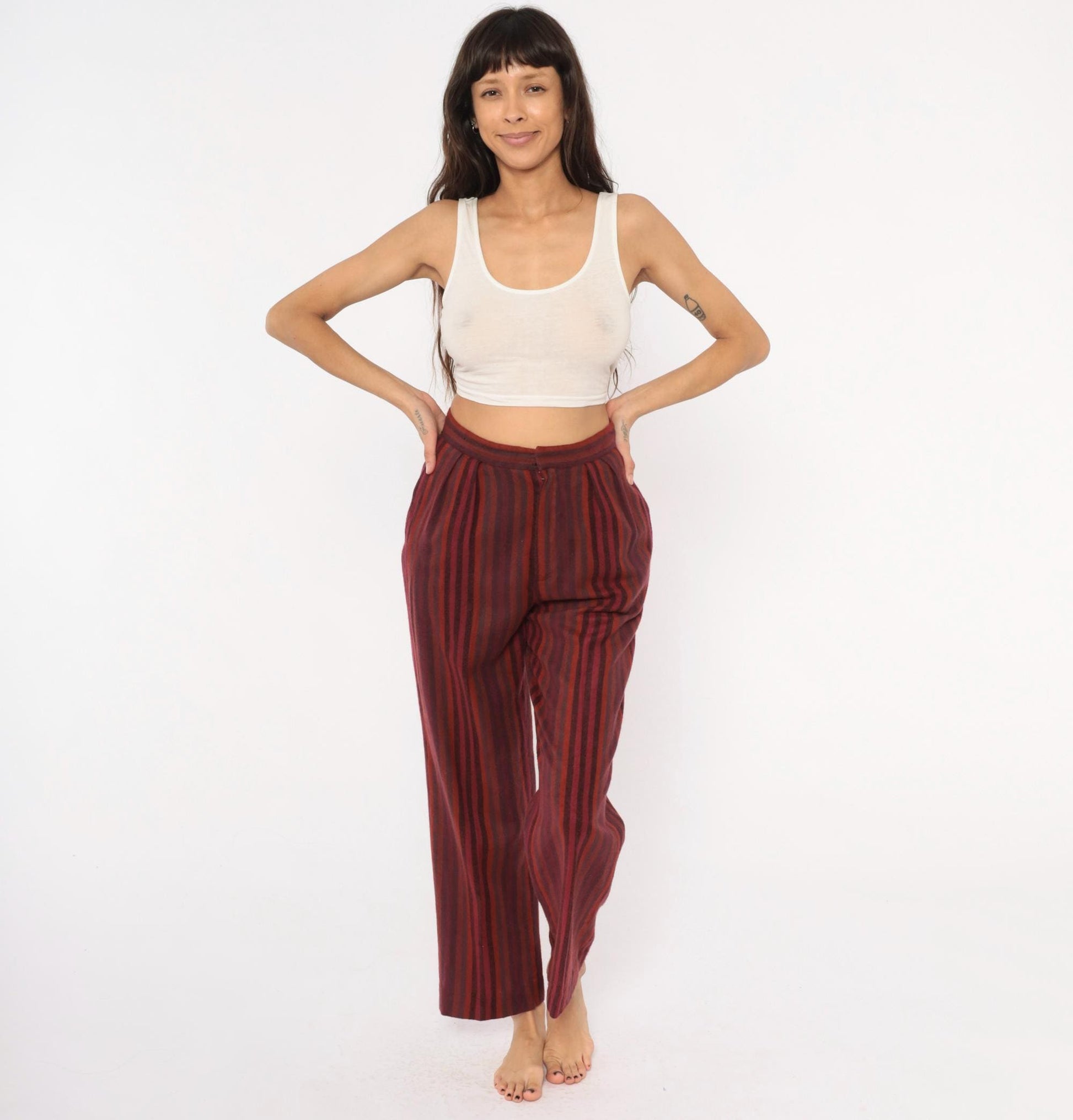 70s Burgundy Striped High Waist Tapered Trousers Pleated Front Small