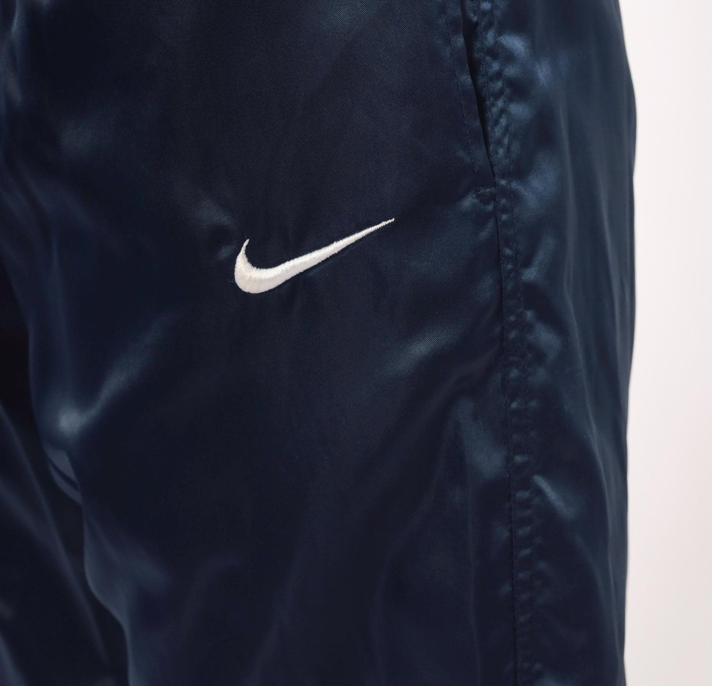 90s Nike Navy Satin Track Pants Swoosh Logo Elastic Waist Small S