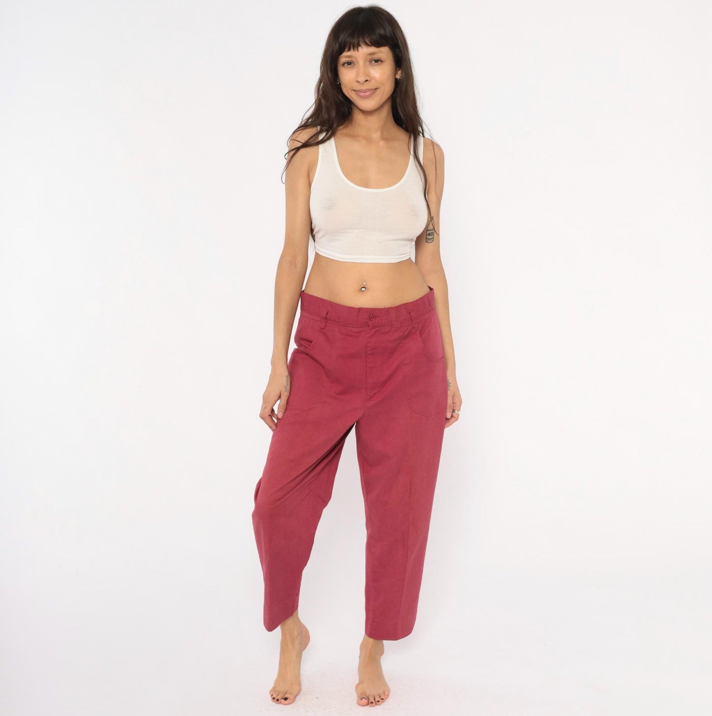 80s Double Take Burgundy Tapered Trousers Cropped Ankle Cotton Blend Women's 33