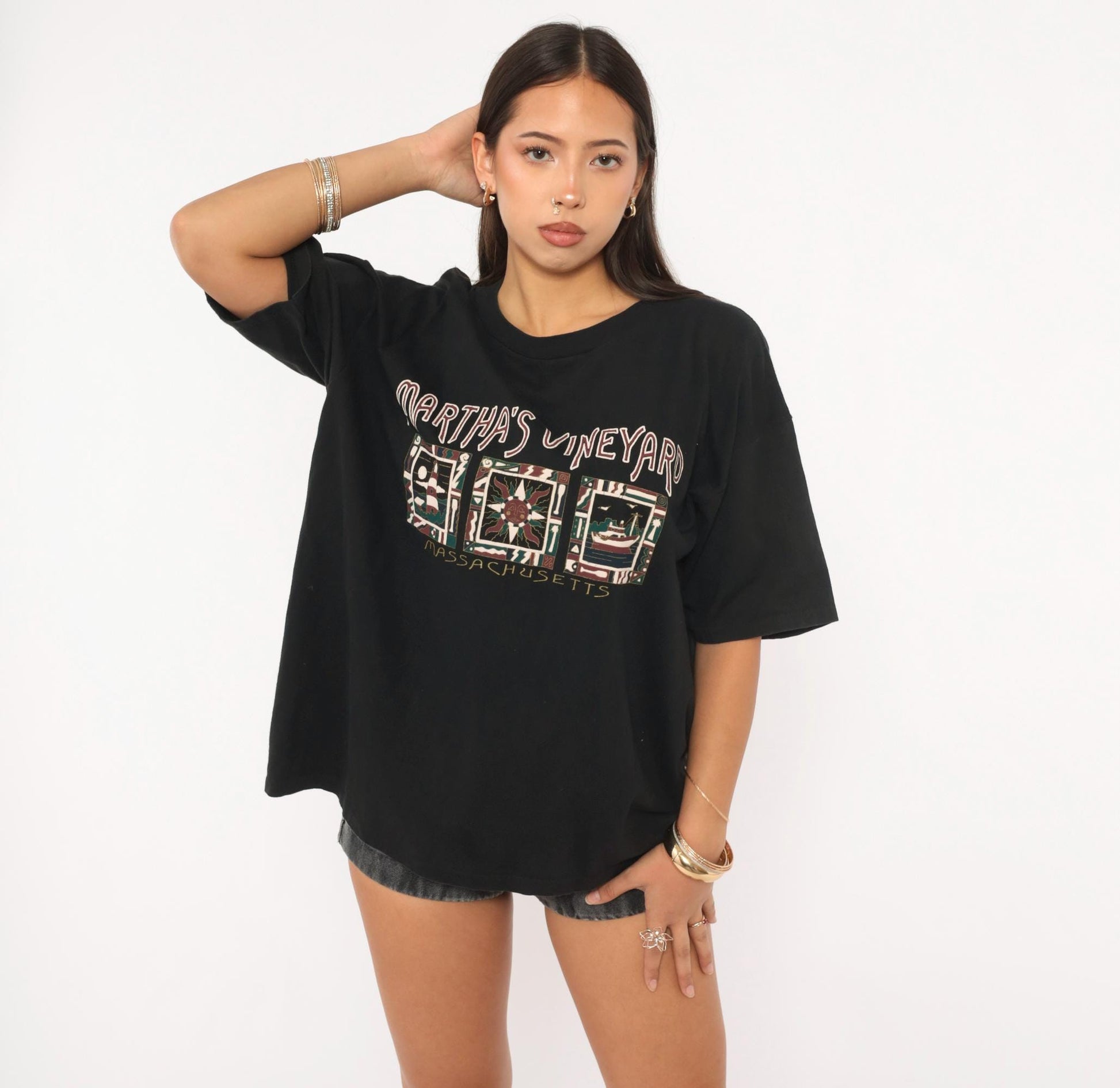 90s Martha's Vineyard Massachusetts Graphic Tee Black Cotton Oneita Large L