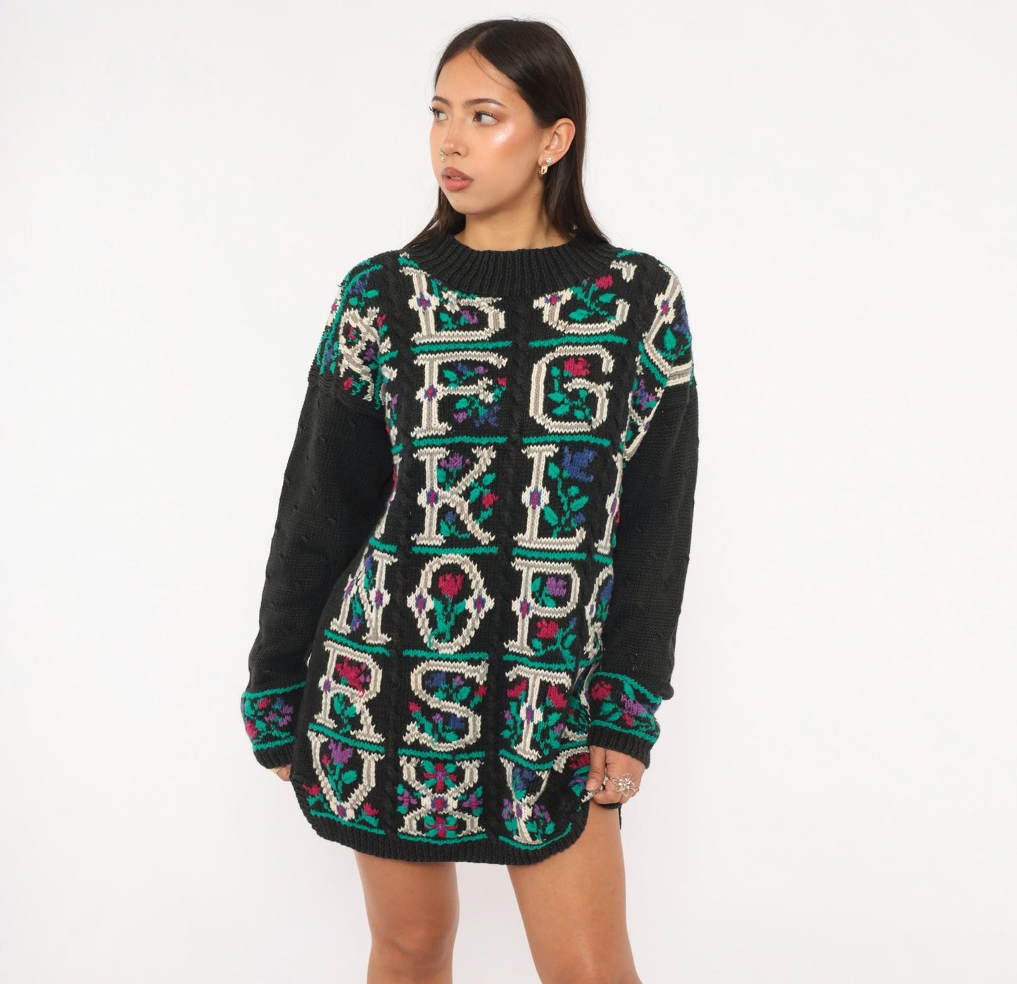 90s Signatures Black Alphabet Floral Knit Sweater Cable Knit Pullover Small S