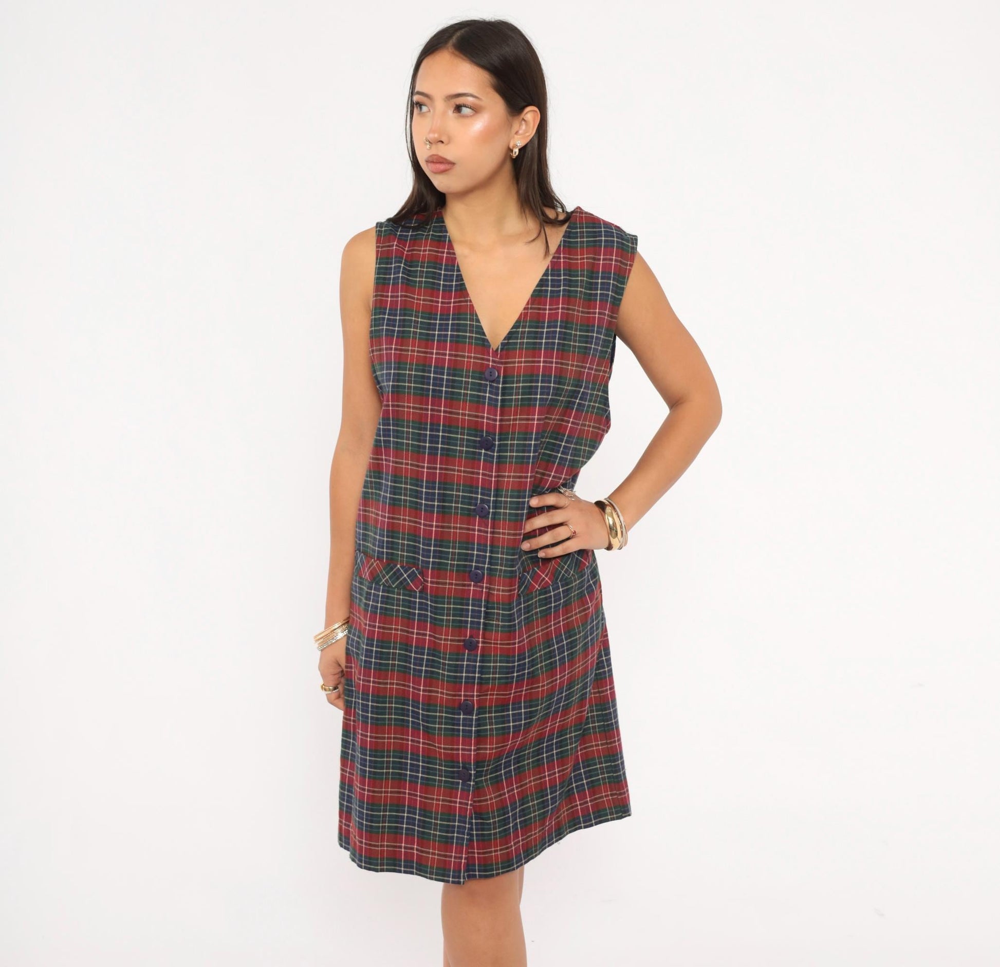 90s Baxter Wells Plaid Jumper Dress Navy Red Green Tartan Knee-Length Large L