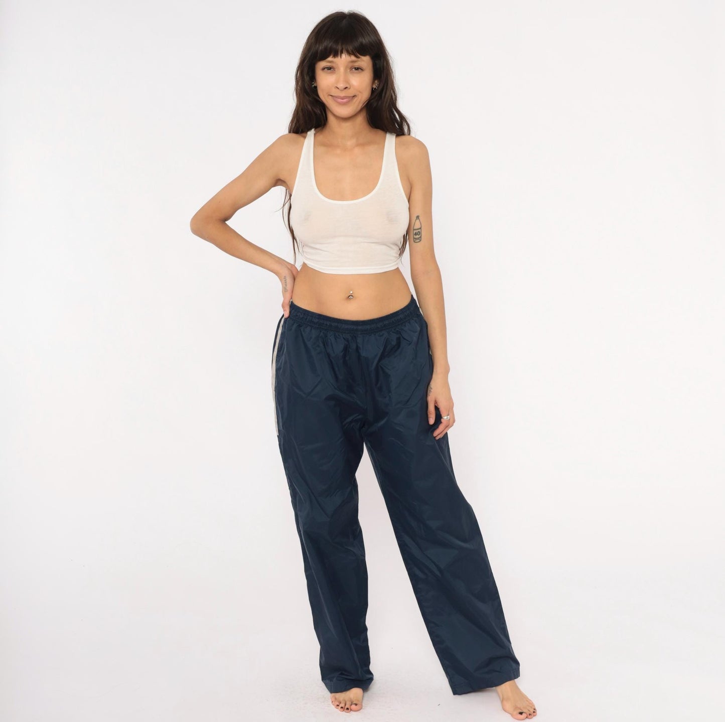 90s Reebok Navy Track Pants Nylon Elastic Waist Straight Leg Large L