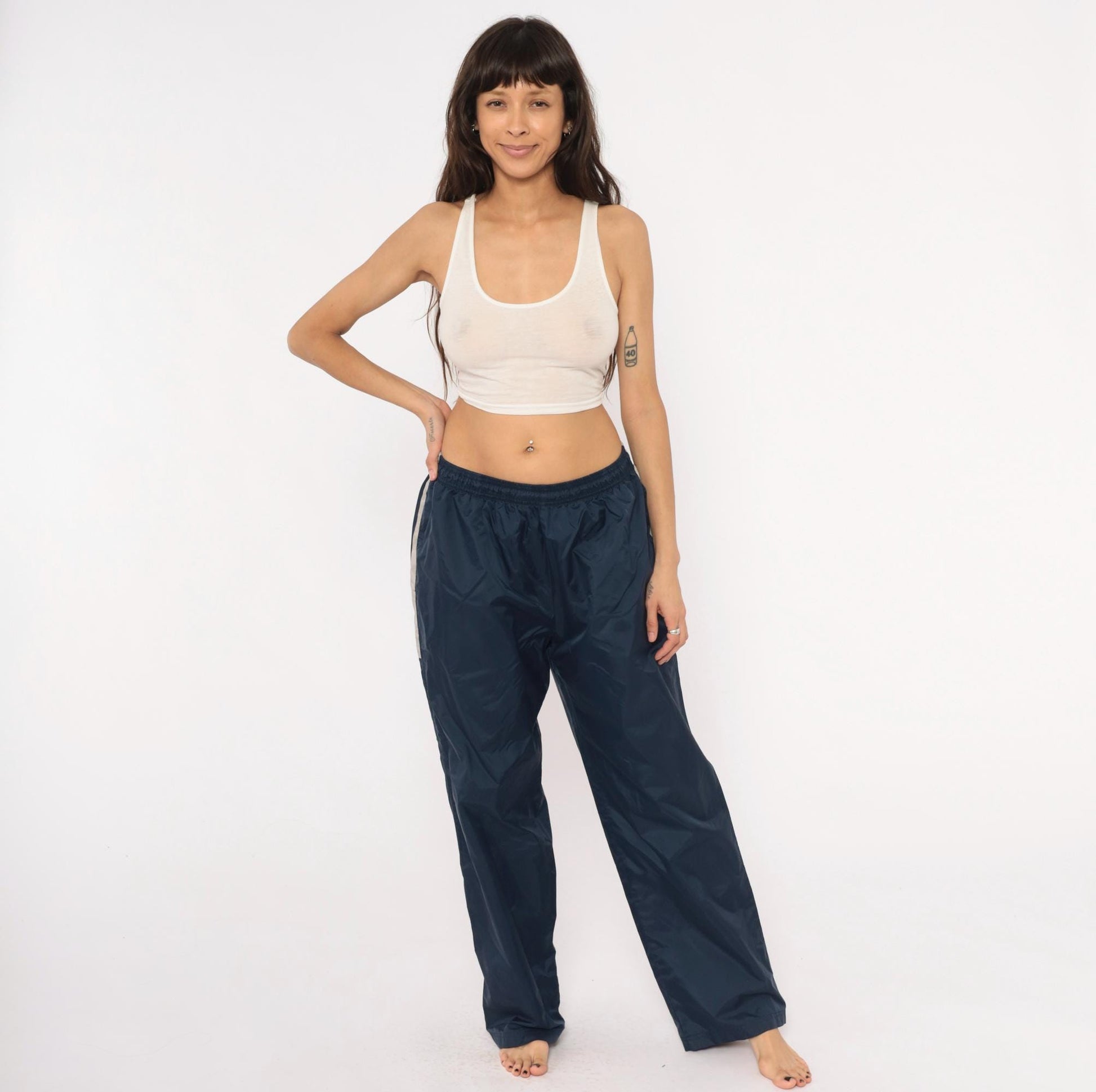 90s Reebok Navy Track Pants Nylon Elastic Waist Straight Leg Large L