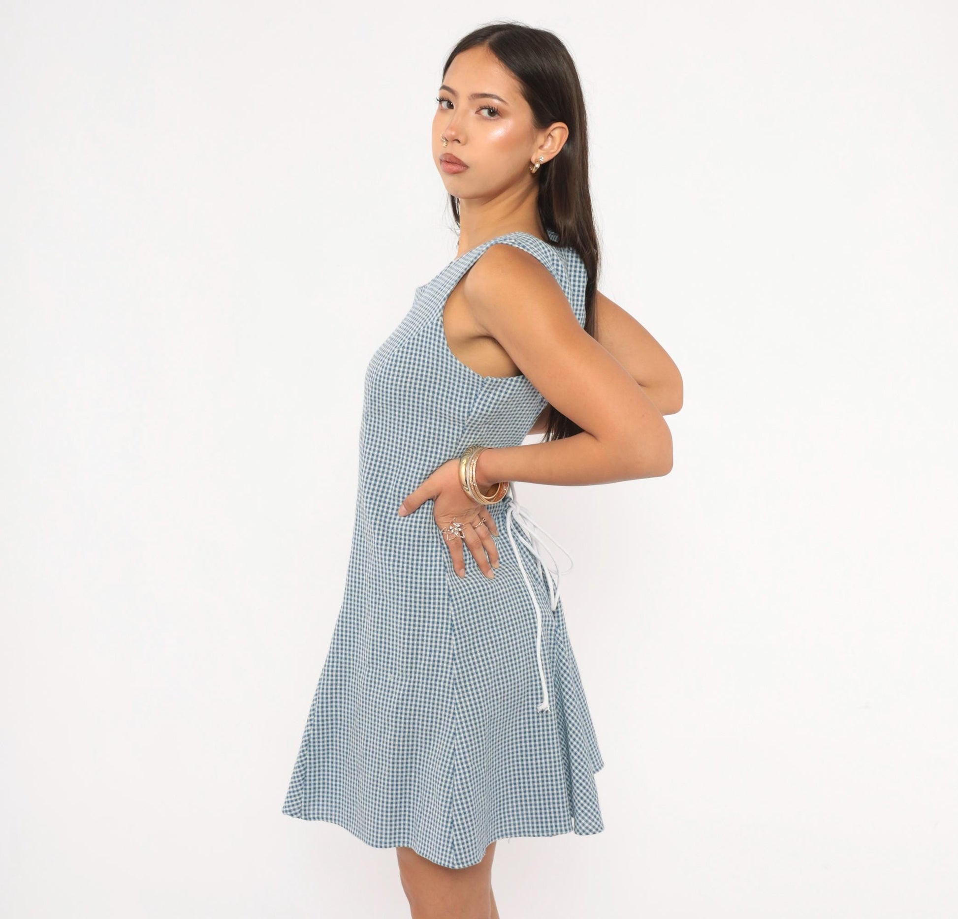 90s Especially Yours Gingham Mini Dress Blue White Lace-Up Back Medium