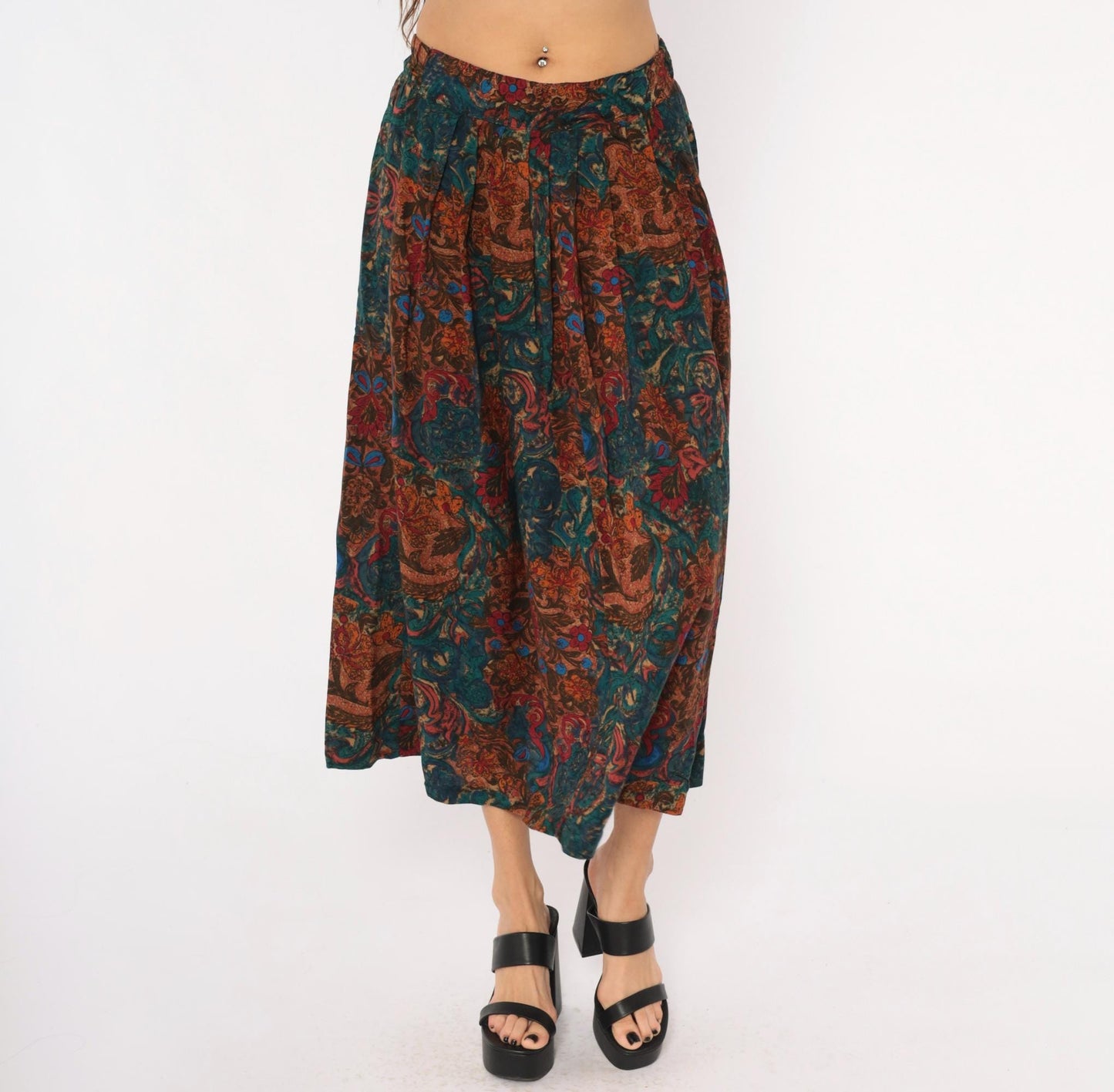 80s Ambiance New York Paisley Pleated Midi Skirt Teal Rust Small