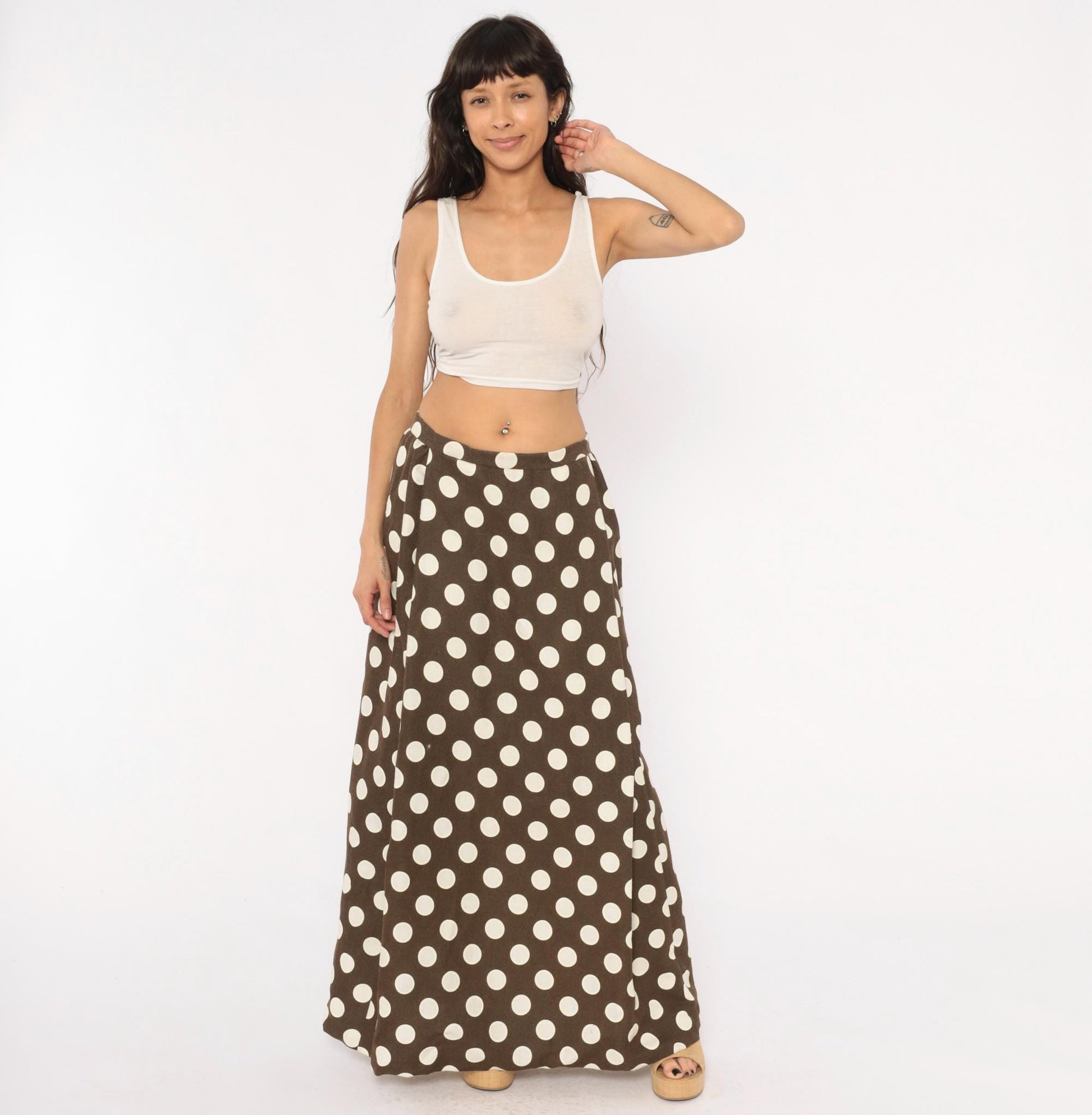 70s Brown Cream Polka Dot Maxi Skirt A-Line Cotton Gathered Waist Medium