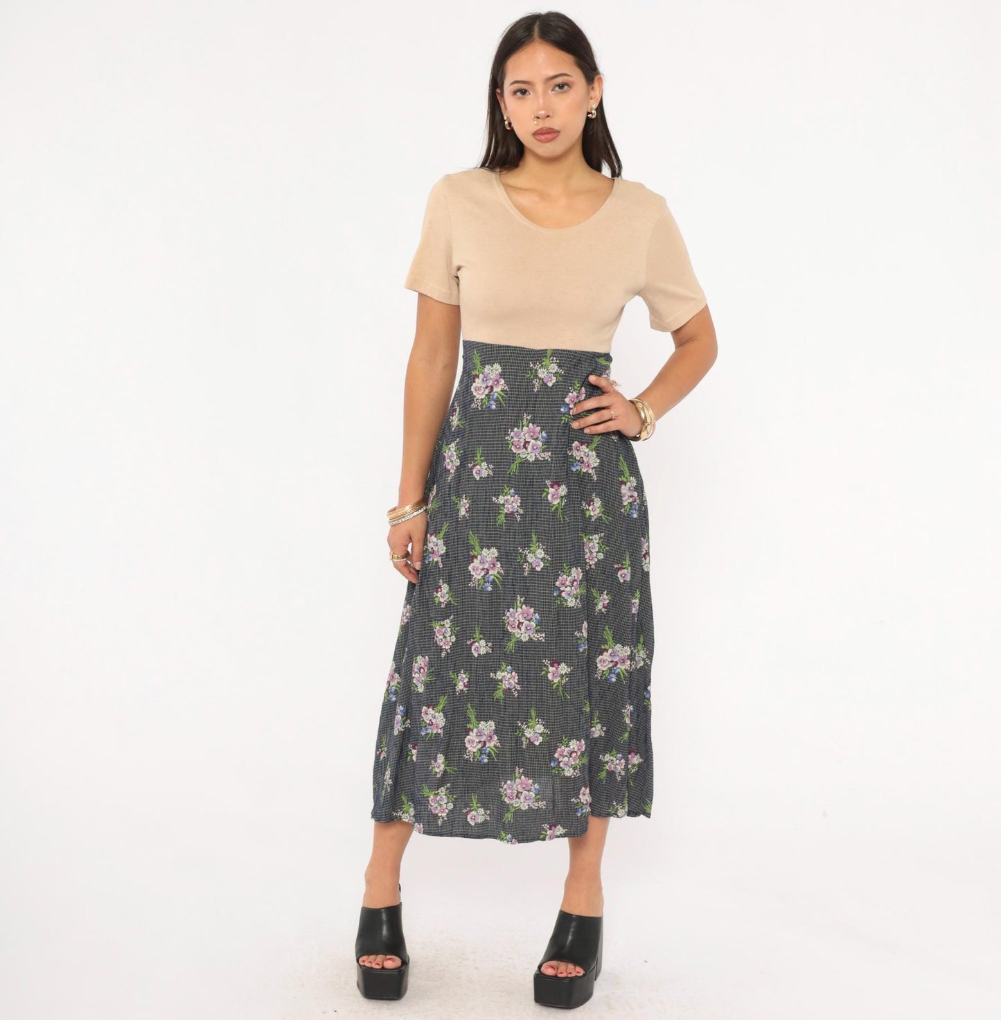 90s Gianfranco Bassi Floral Midi Dress Navy Bouquet Sand Bodice Medium