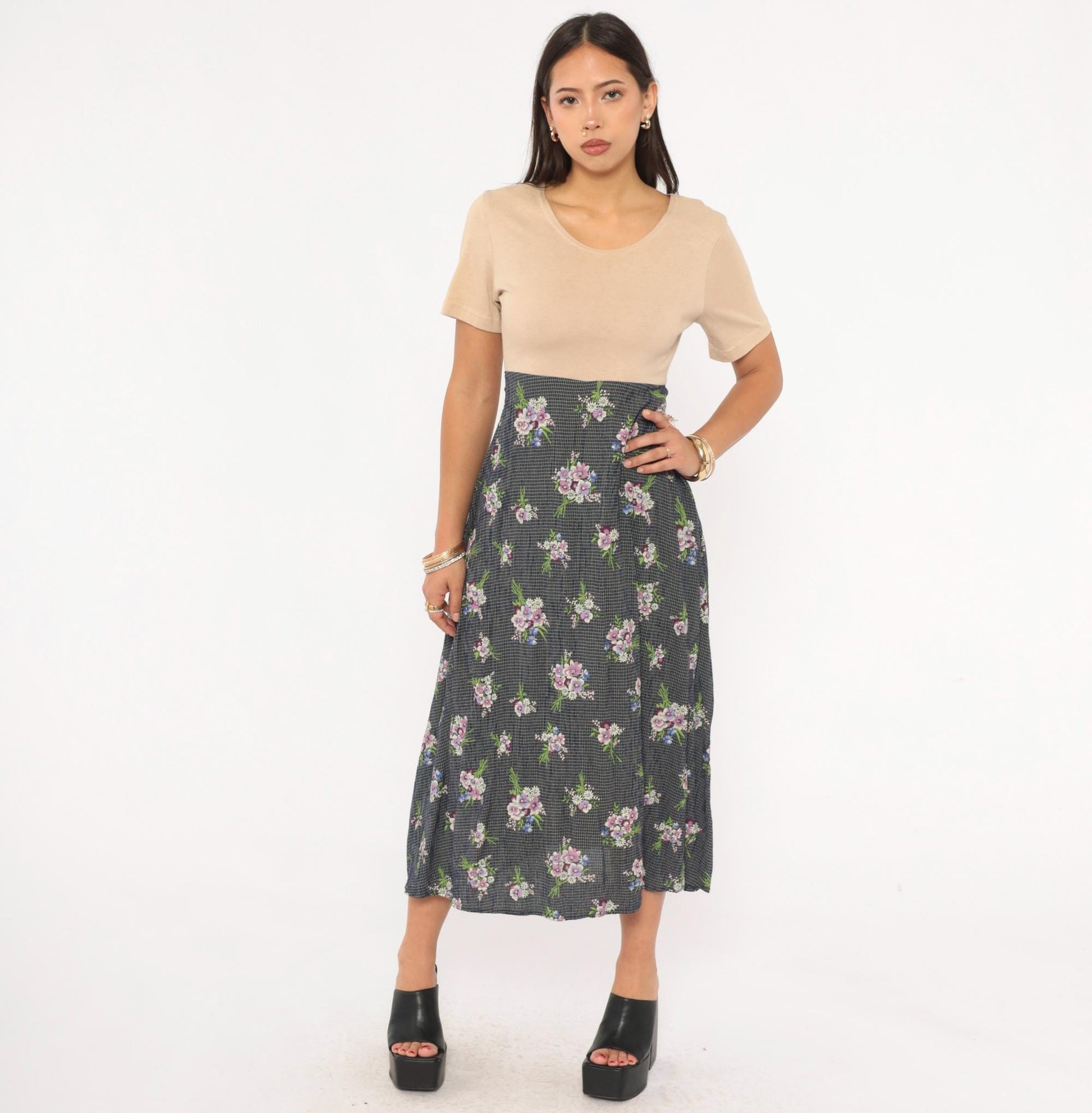 90s Gianfranco Bassi Floral Midi Dress Navy Bouquet Sand Bodice Medium