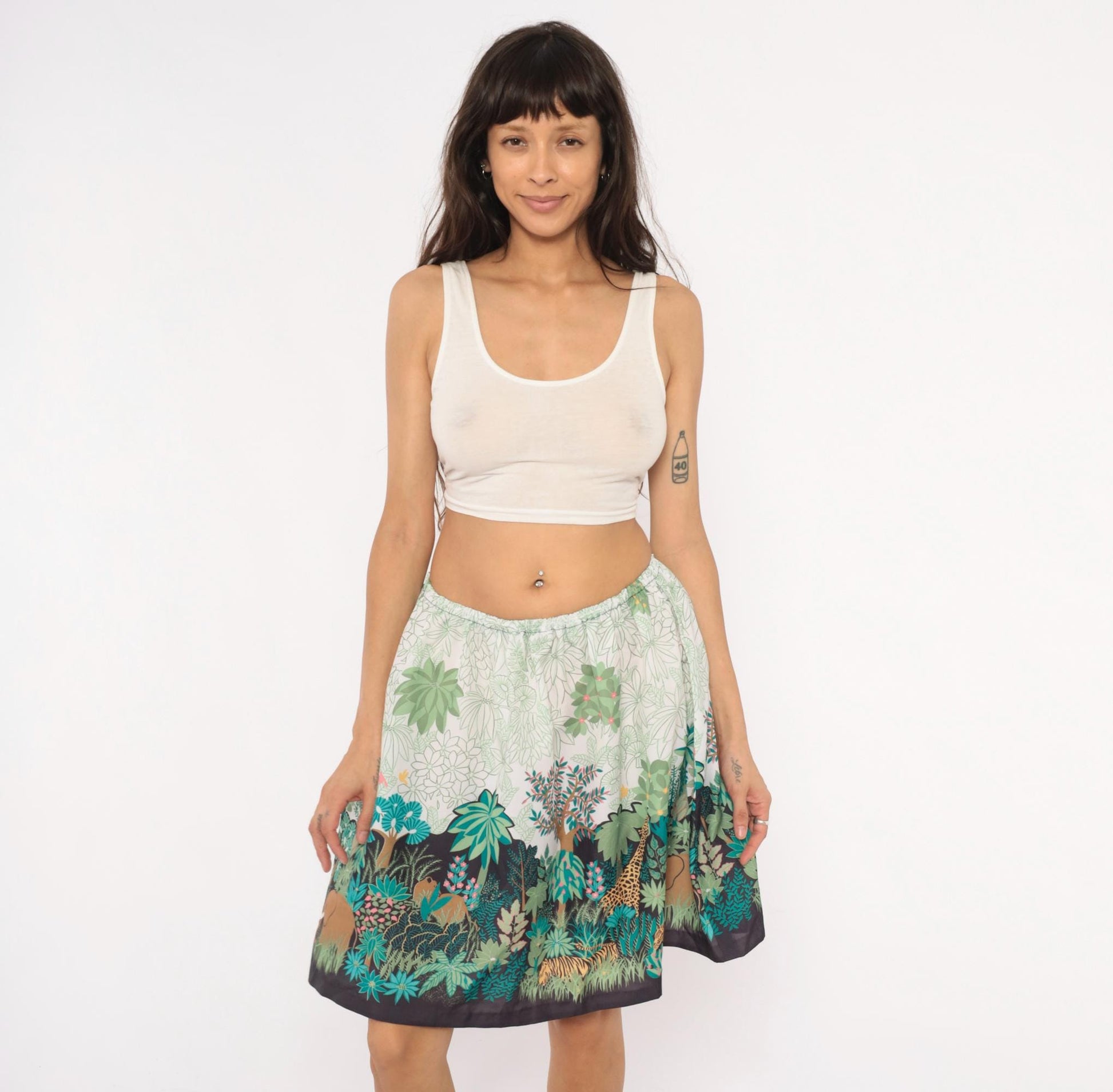 80s Jungle Safari Animal Print A-Line Skirt Knee-Length Cream Small Medium