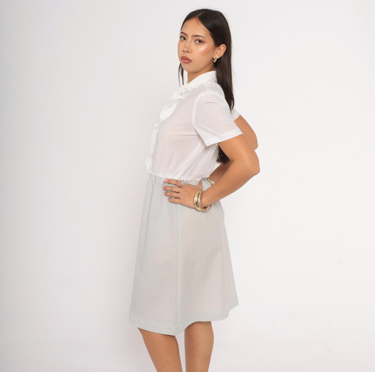 80s Two-Tone Shirtdress White Ruffle Pinstripe Grey Puff Sleeve Small Medium